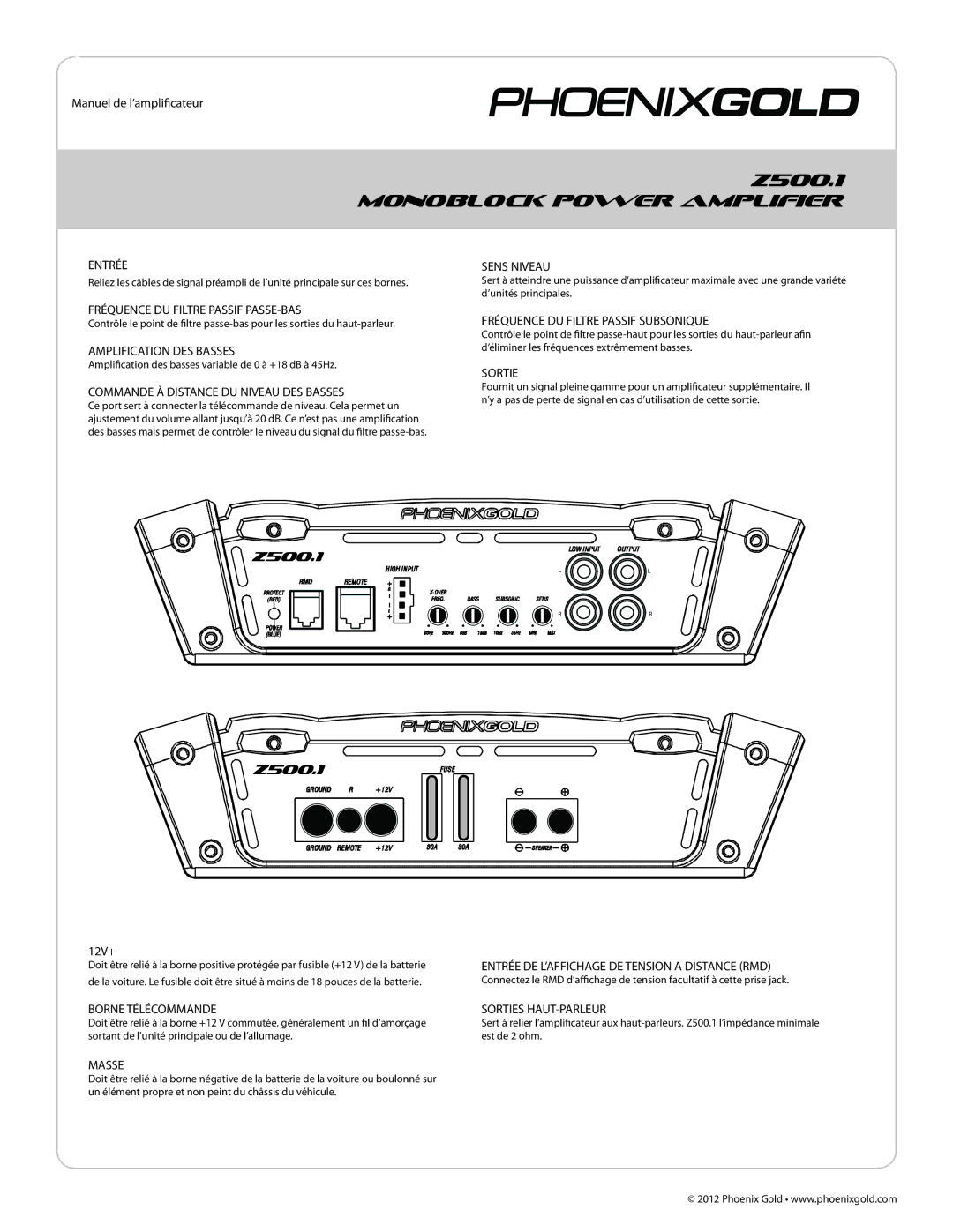 Phoenix Gold Z250.2 Entrée, Sens Niveau, Fréquence DU Filtre Passif PASSE-BAS, Amplification DES Basses, Sortie, Masse 