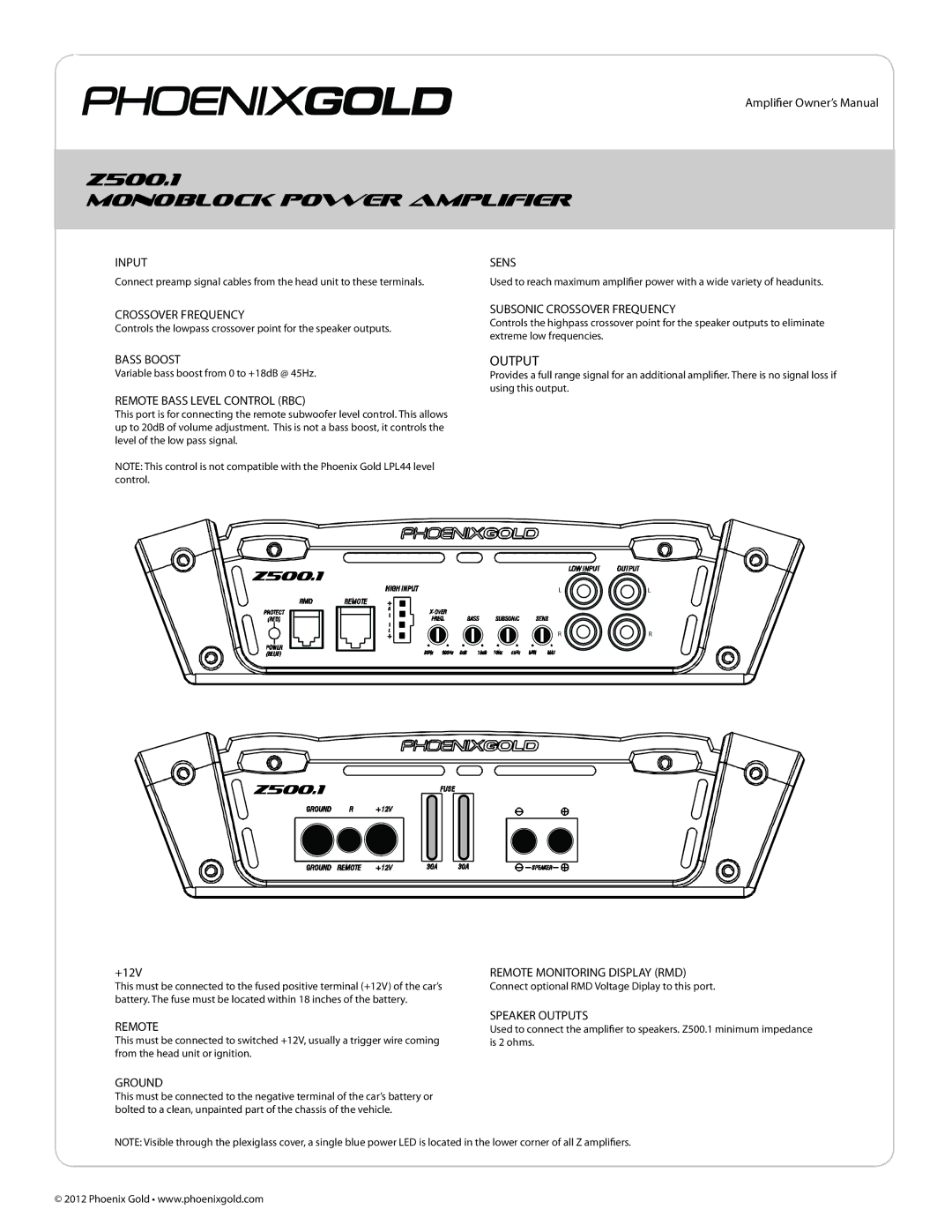 Phoenix Gold Z500.1, Z250.2, Z500.4 manual Monoblock Power Amplifier 