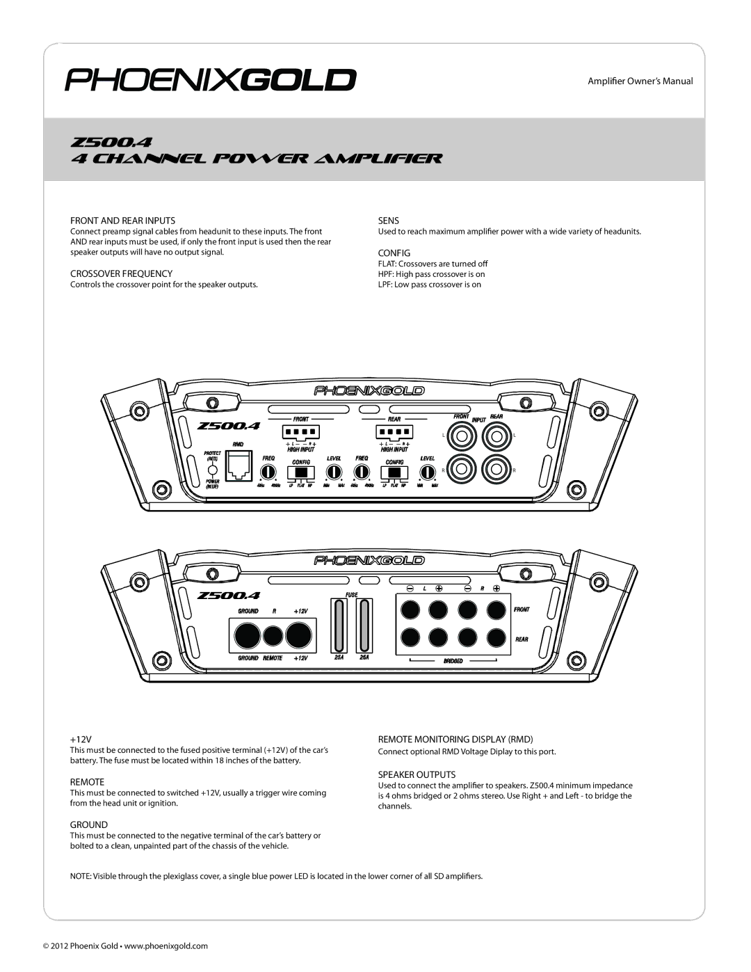 Phoenix Gold Z250.2, Z500.1, Z500.4 manual Front and Rear Inputs, Crossover Frequency 