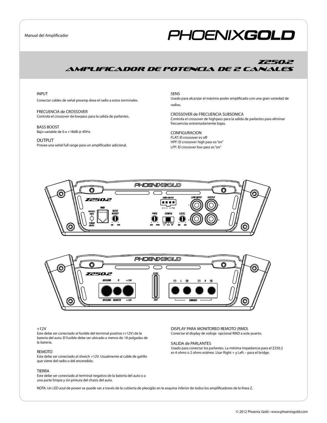 Phoenix Gold Z500.4, Z500.1 manual Z250.2 AMPLIFICADOR DE POTENCIA DE 2 CANALES, Output 