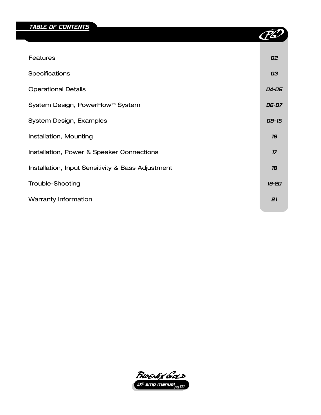 Phoenix Gold ZX475Ti manual Table of Contents 