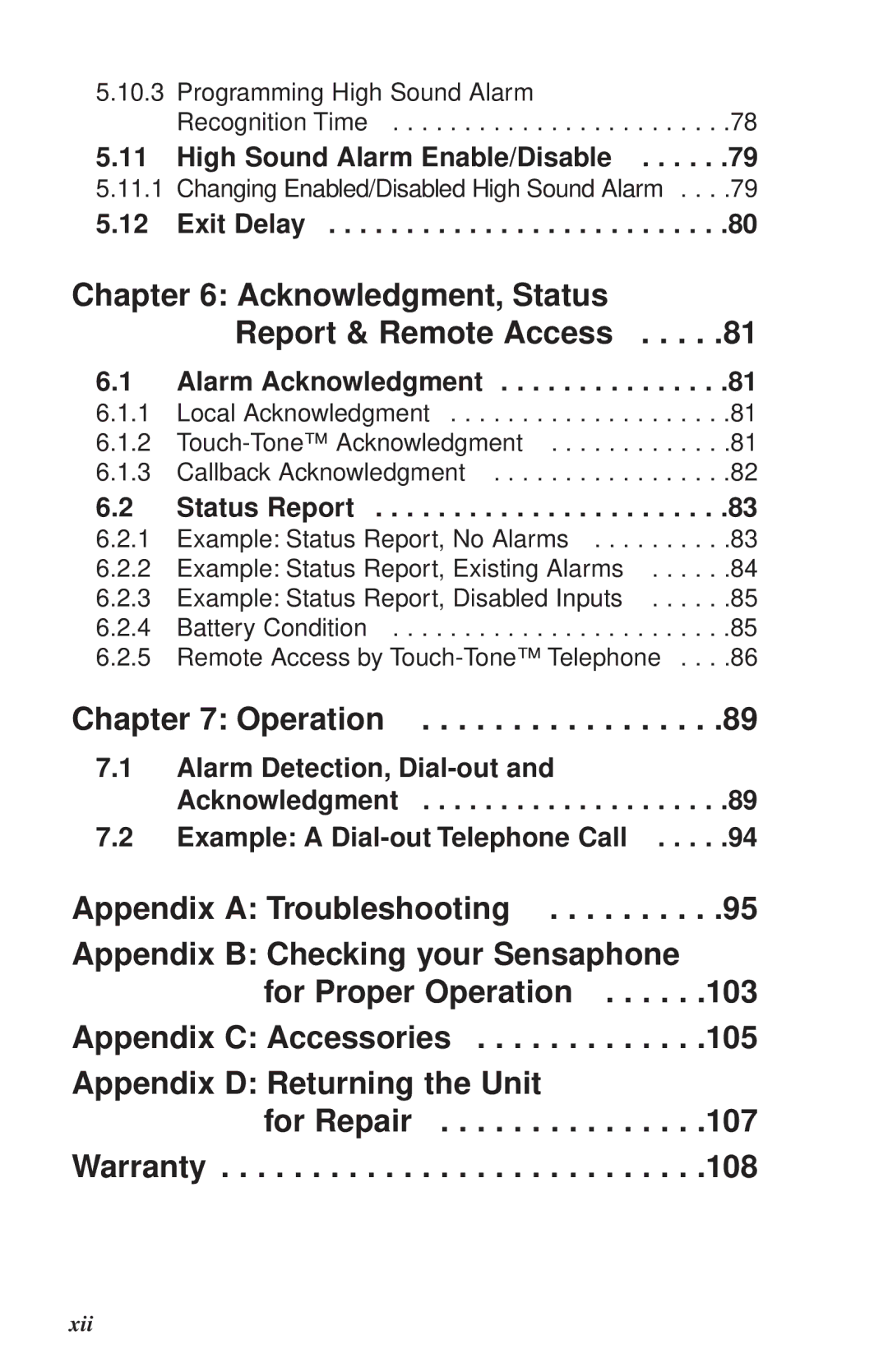 Phonetics 1104 user manual High Sound Alarm Enable/Disable, Exit Delay, Alarm Acknowledgment, Status Report 