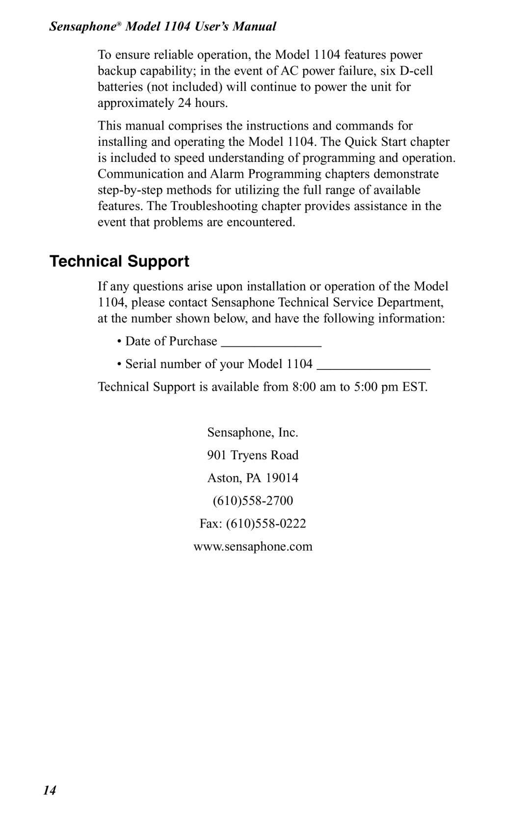 Phonetics 1104 user manual Technical Support 