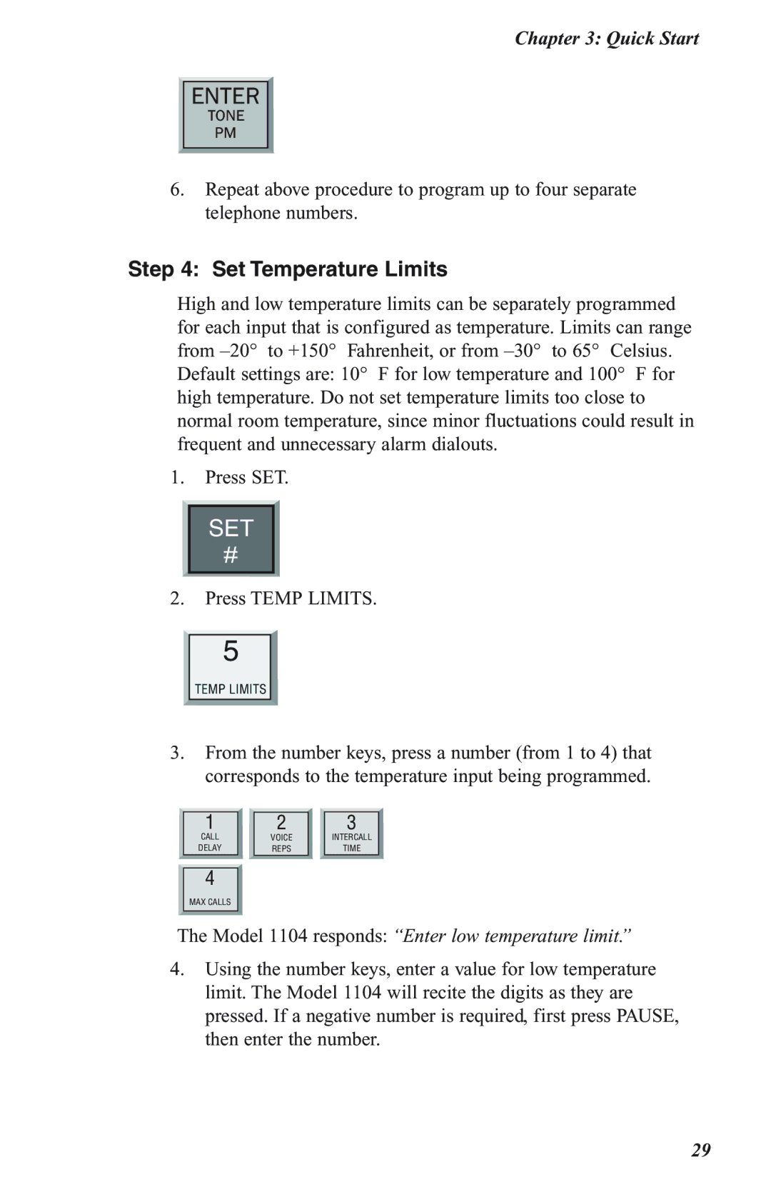 Phonetics user manual Set Temperature Limits, Model 1104 responds Enter low temperature limit 