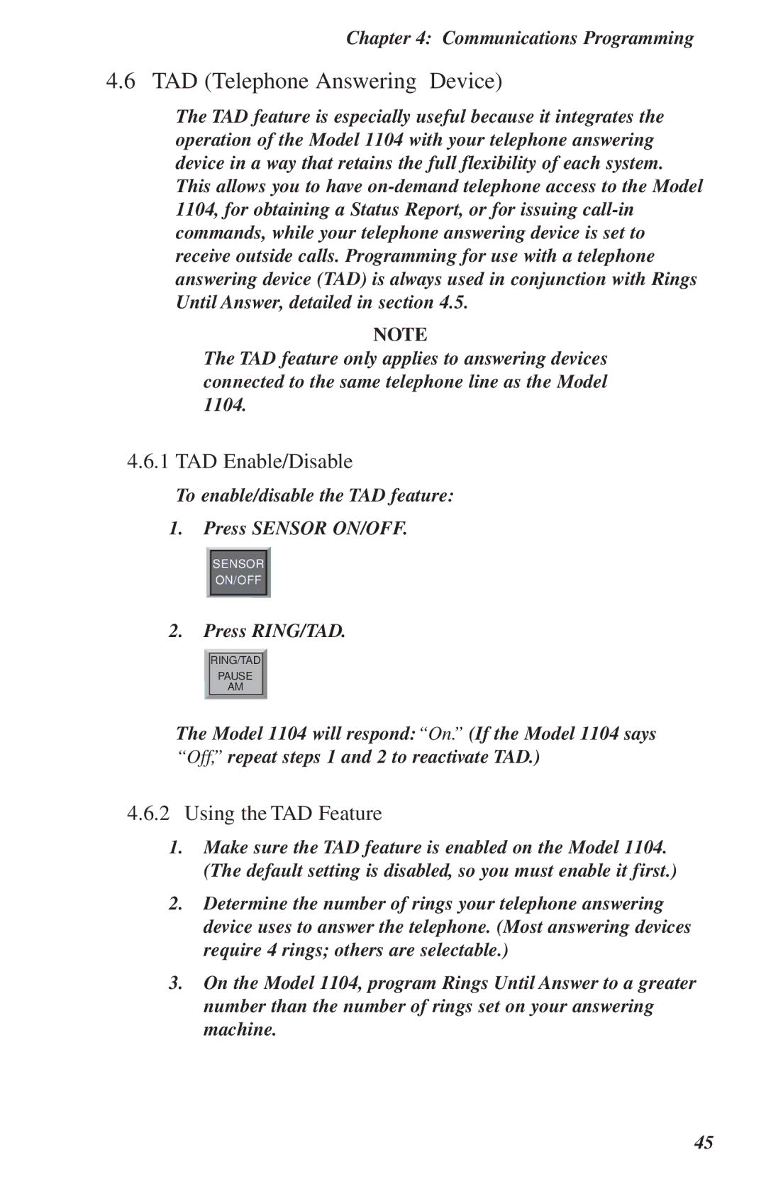 Phonetics 1104 user manual TAD Enable/Disable, Using the TAD Feature 