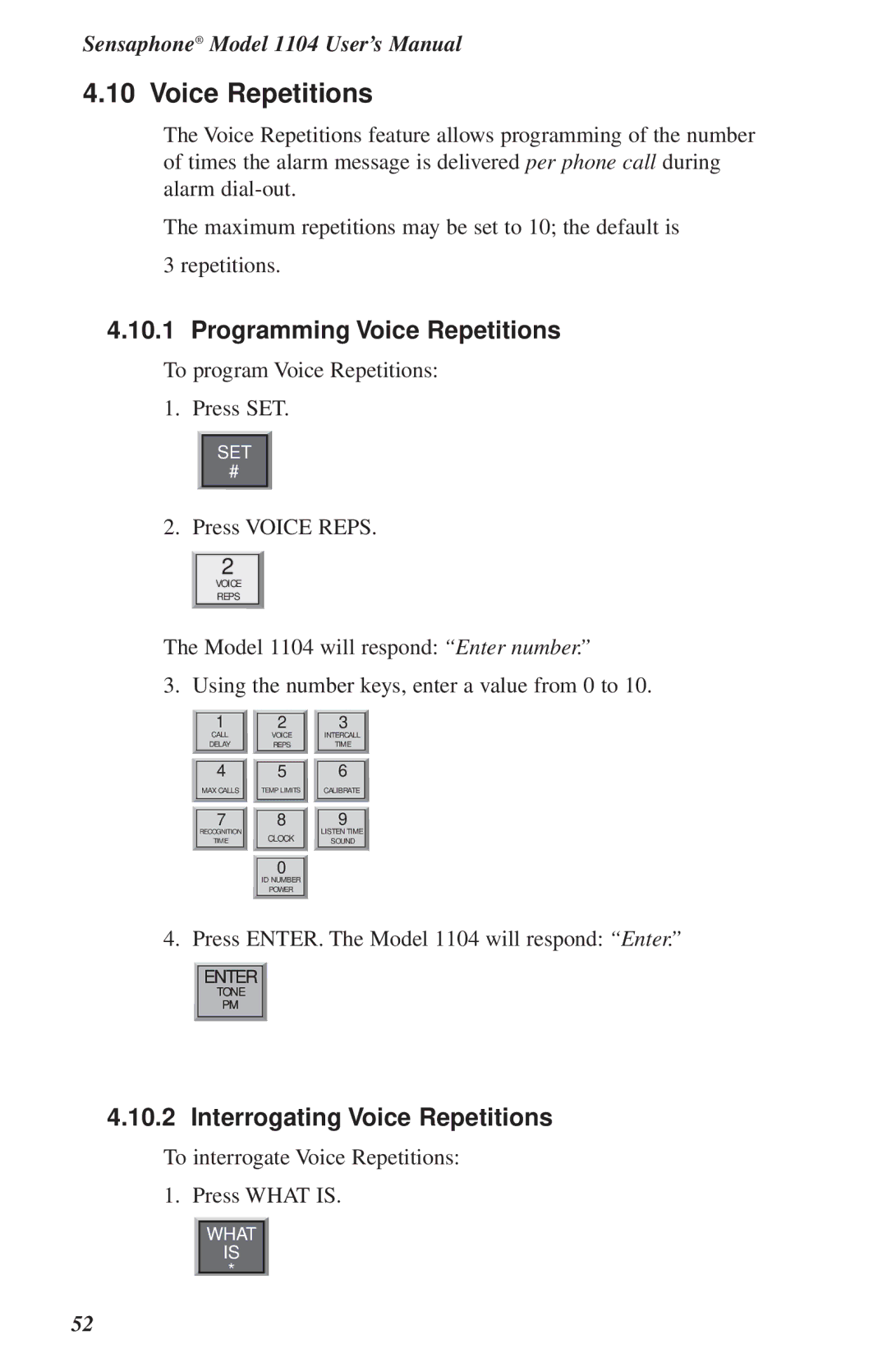 Phonetics 1104 user manual Programming Voice Repetitions, Interrogating Voice Repetitions 