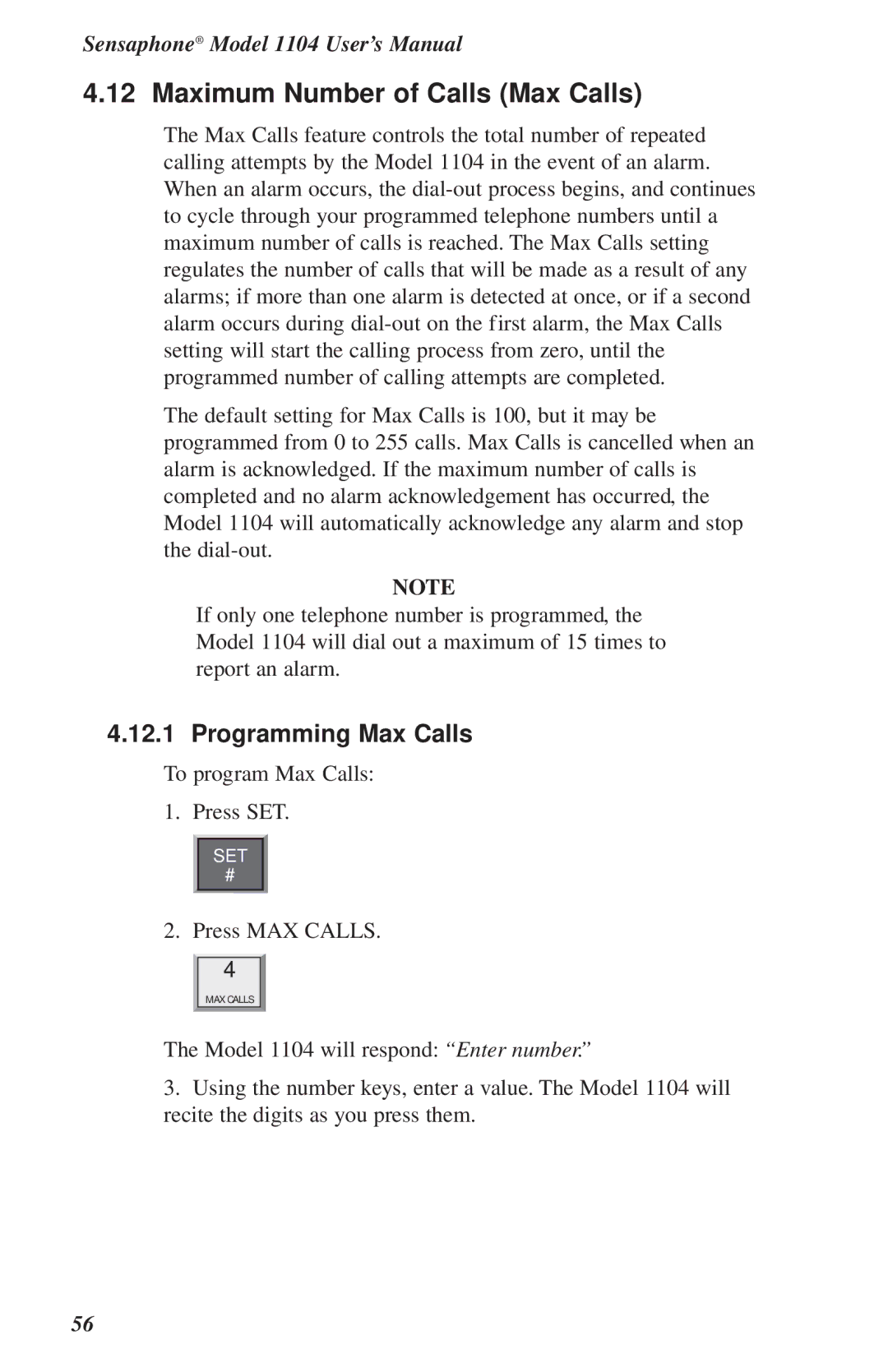 Phonetics 1104 user manual Maximum Number of Calls Max Calls, Programming Max Calls 