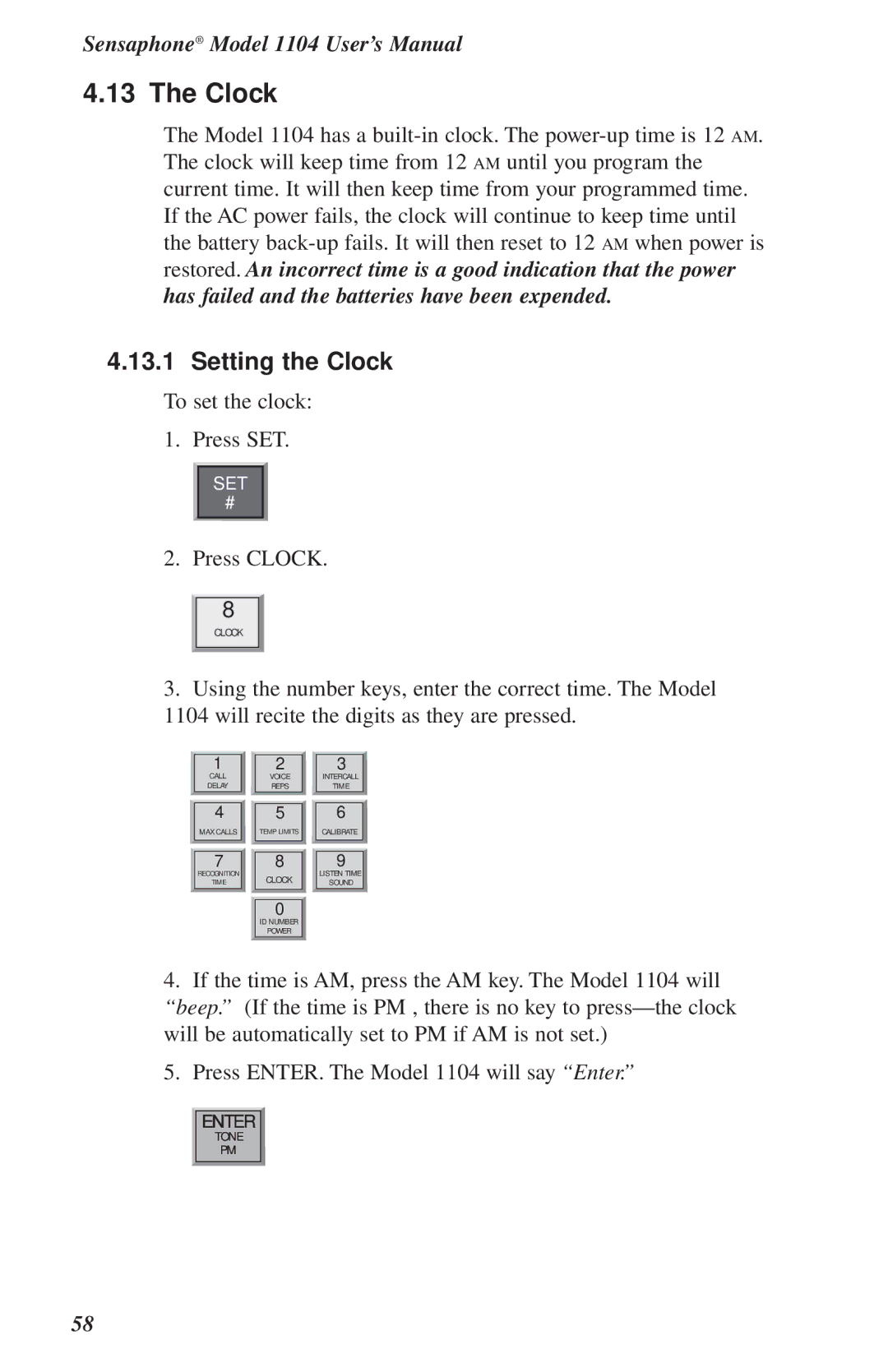 Phonetics 1104 user manual Setting the Clock 