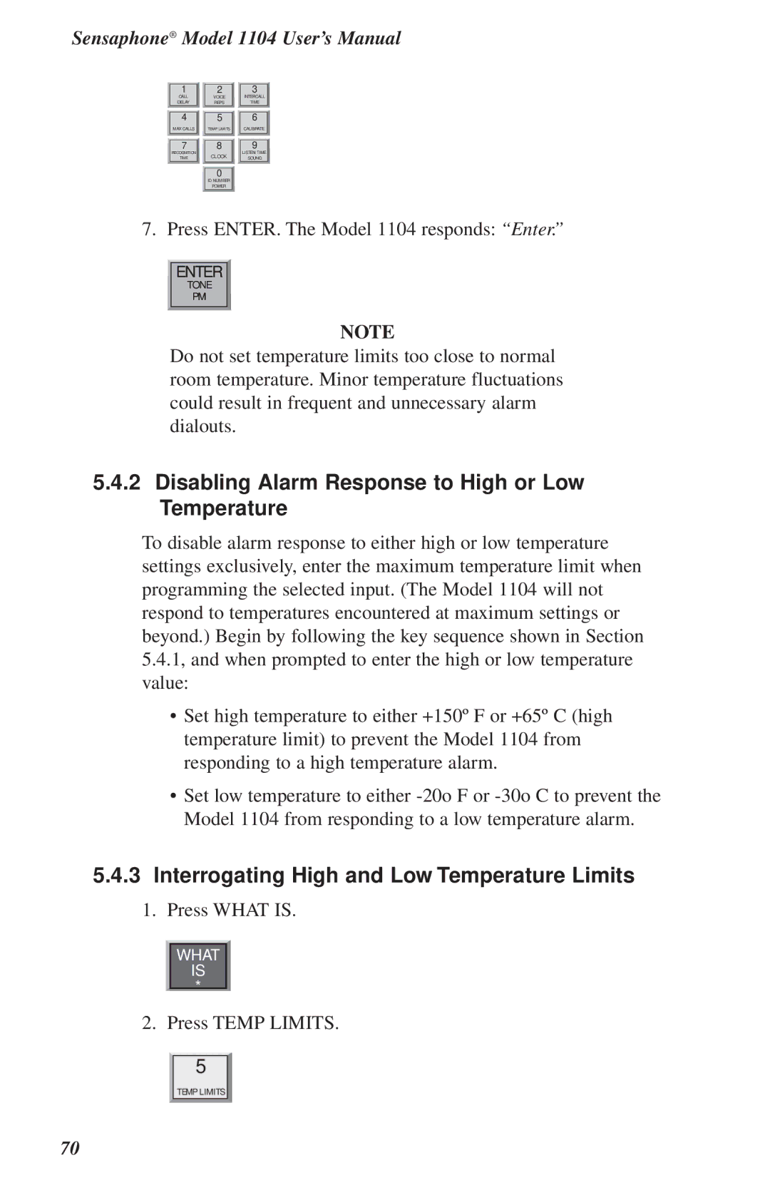 Phonetics 1104 Disabling Alarm Response to High or Low Temperature, Interrogating High and Low Temperature Limits 