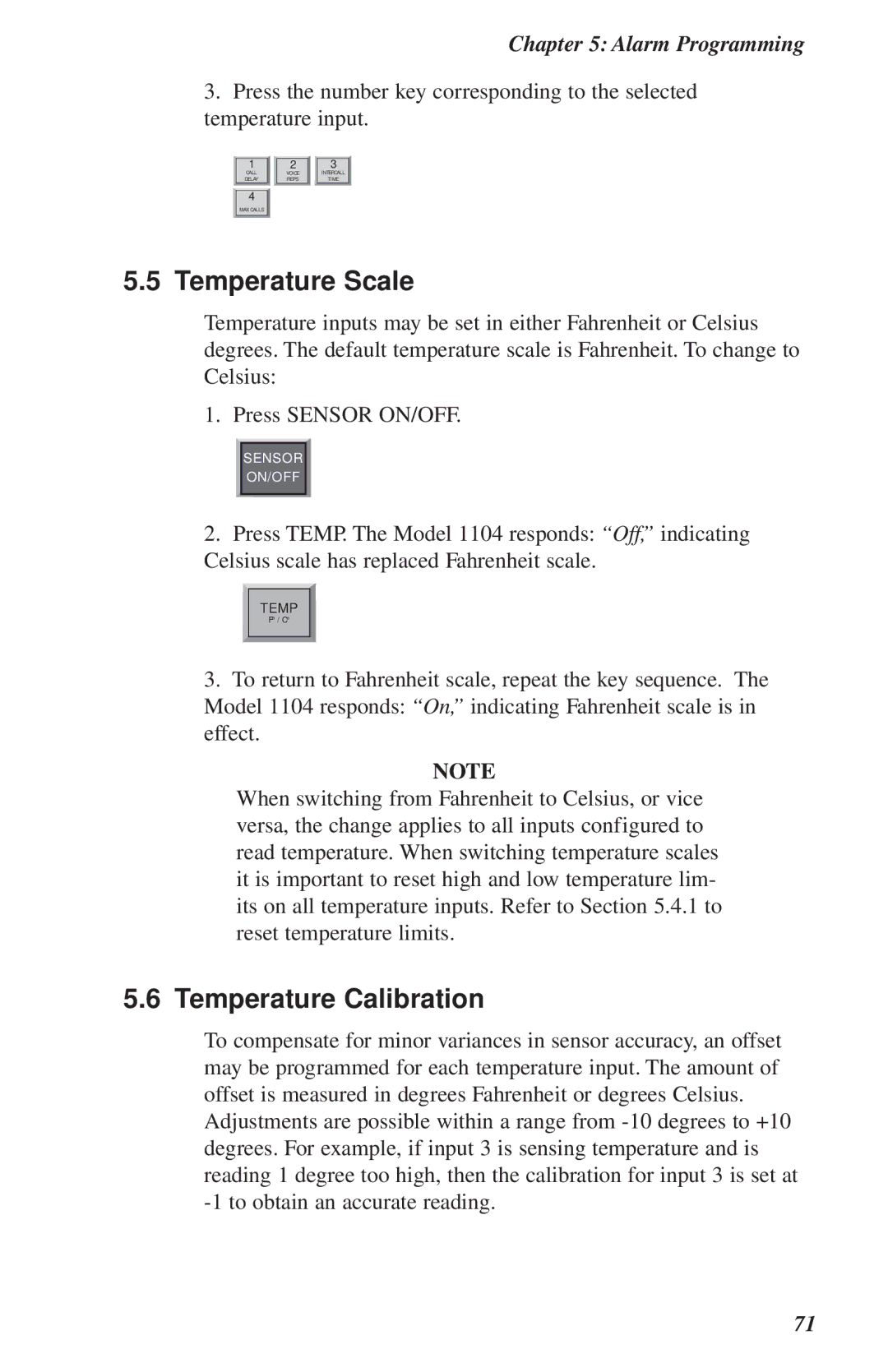 Phonetics 1104 user manual Temperature Scale, Temperature Calibration 