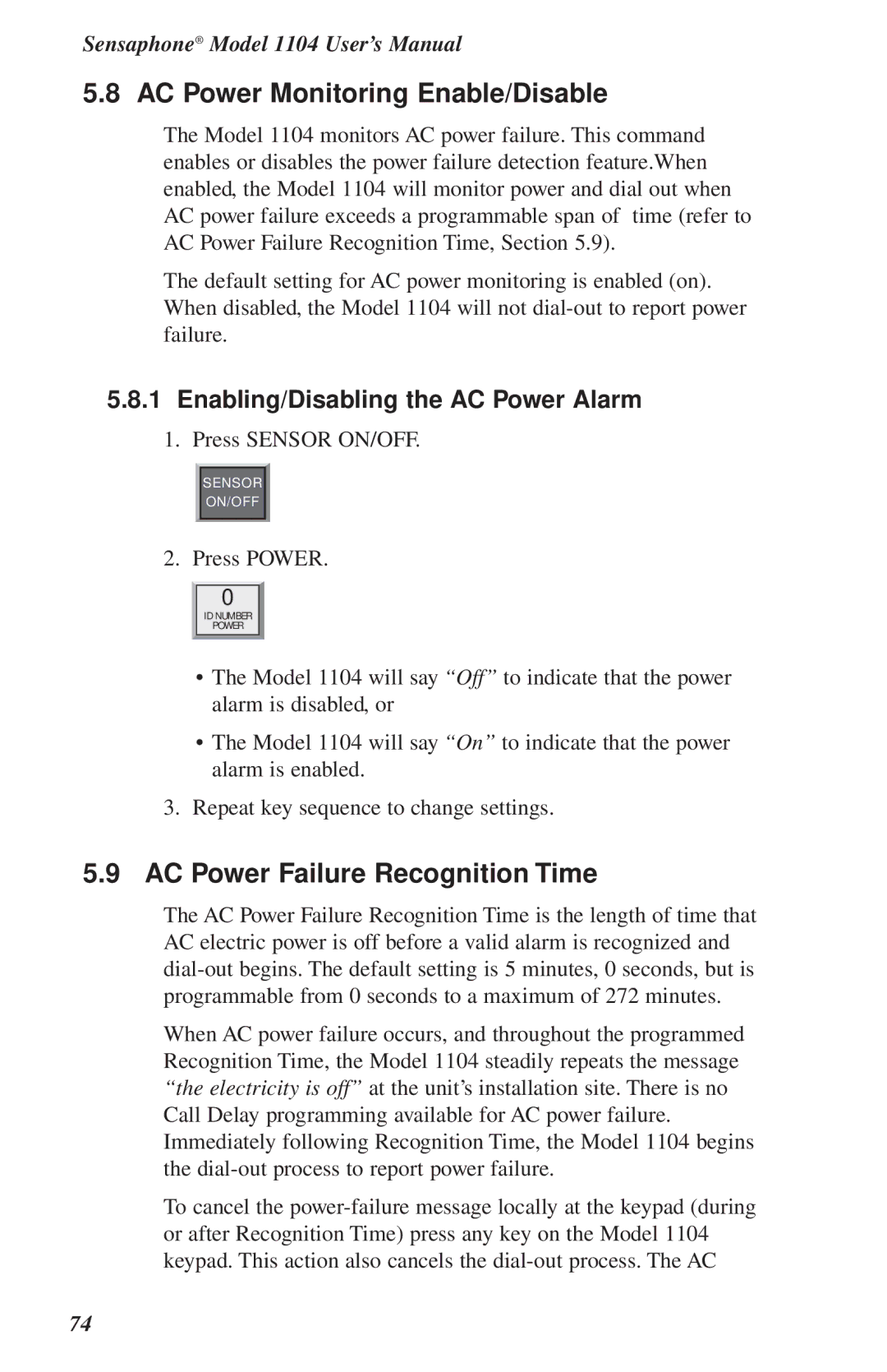 Phonetics 1104 user manual AC Power Monitoring Enable/Disable, Enabling/Disabling the AC Power Alarm 