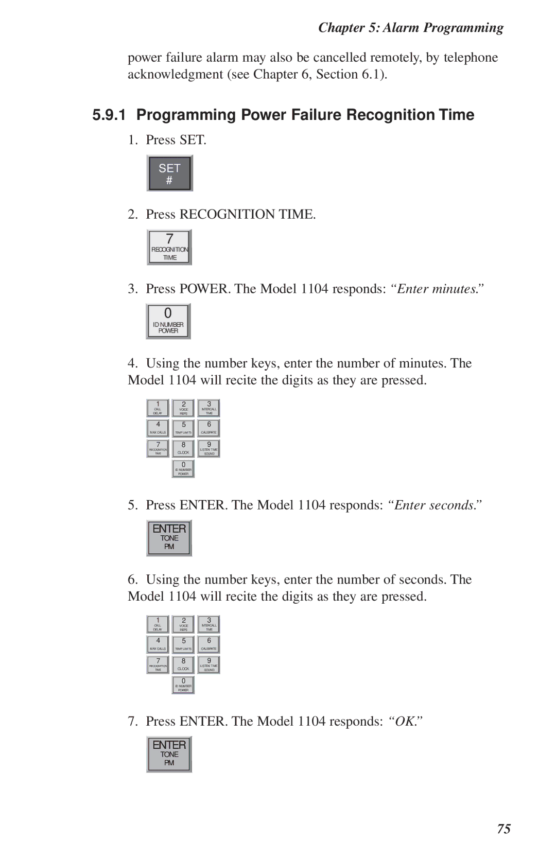 Phonetics user manual Programming Power Failure Recognition Time, Model 1104 will recite the digits as they are pressed 