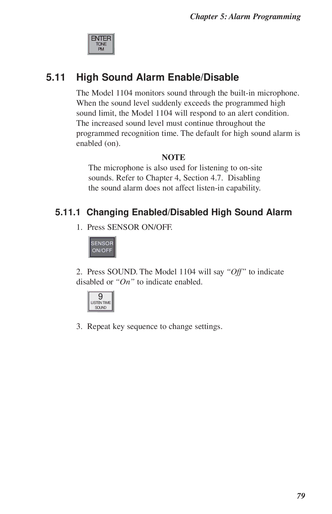 Phonetics 1104 user manual High Sound Alarm Enable/Disable, Changing Enabled/Disabled High Sound Alarm 