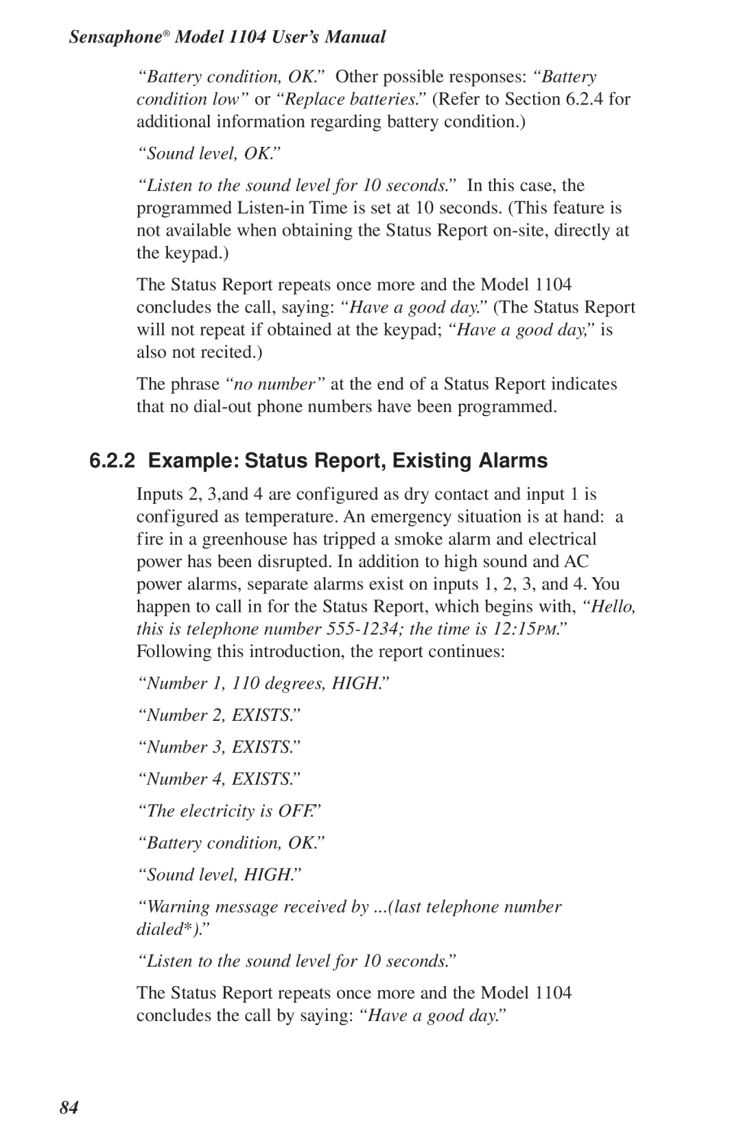 Phonetics 1104 user manual Example Status Report, Existing Alarms 