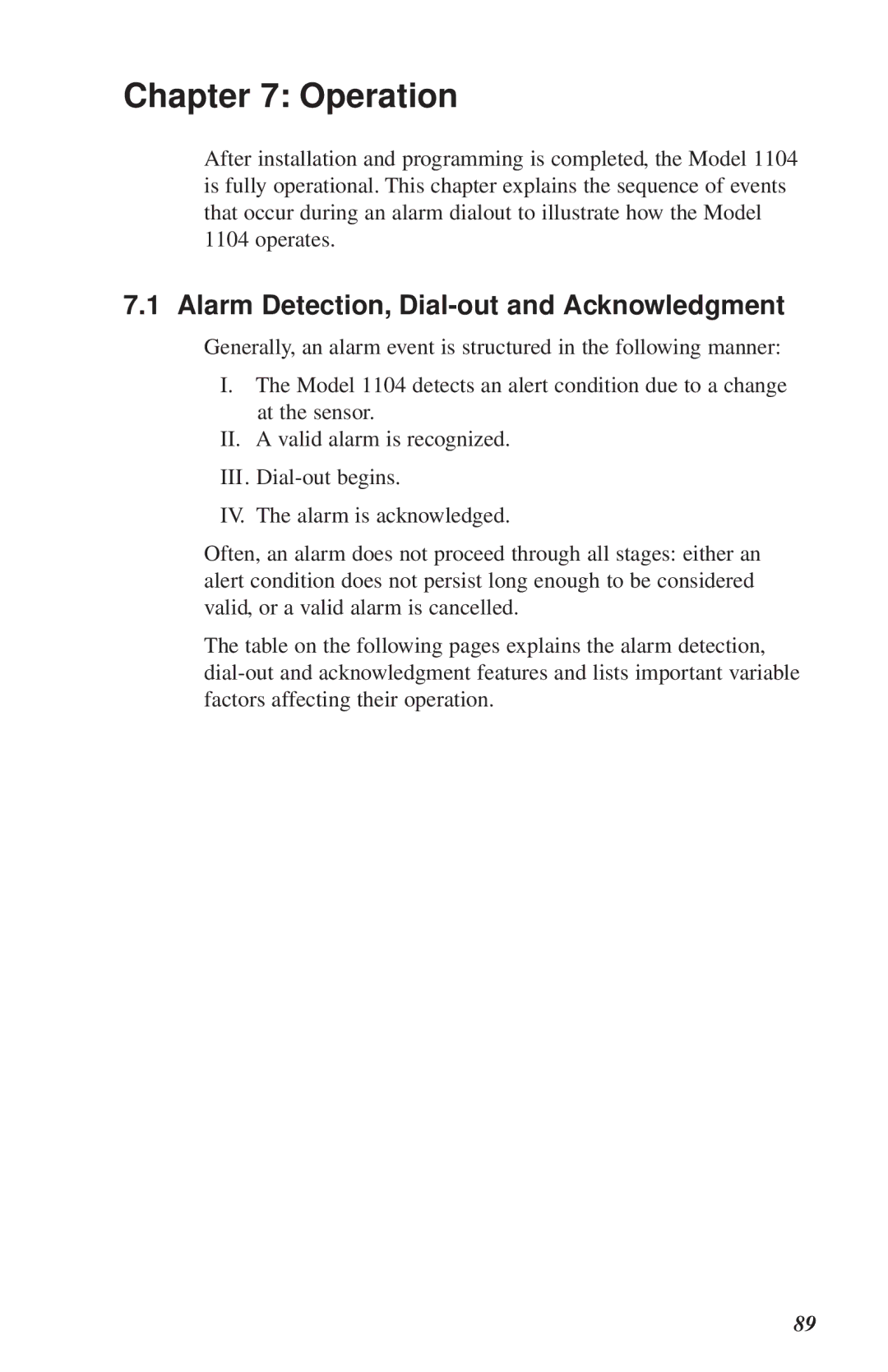 Phonetics 1104 user manual Operation, Alarm Detection, Dial-out and Acknowledgment 