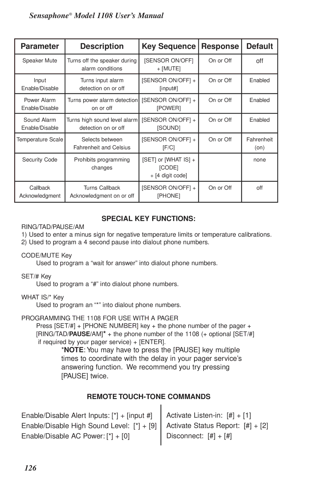 Phonetics 1108 user manual Parameter Description Key Sequence Response Default 