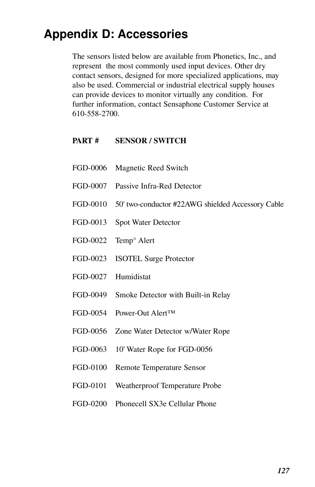 Phonetics 1108 user manual Appendix D Accessories, Sensor / Switch 