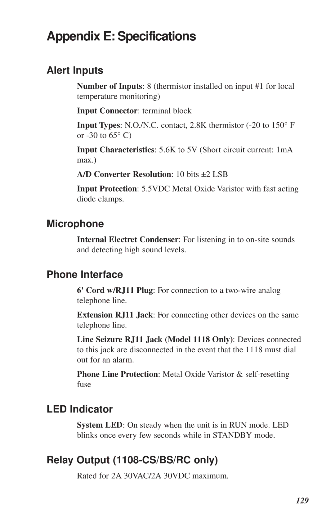 Phonetics user manual Appendix E Specifications, Phone Interface, LED Indicator, Relay Output 1108-CS/BS/RC only 