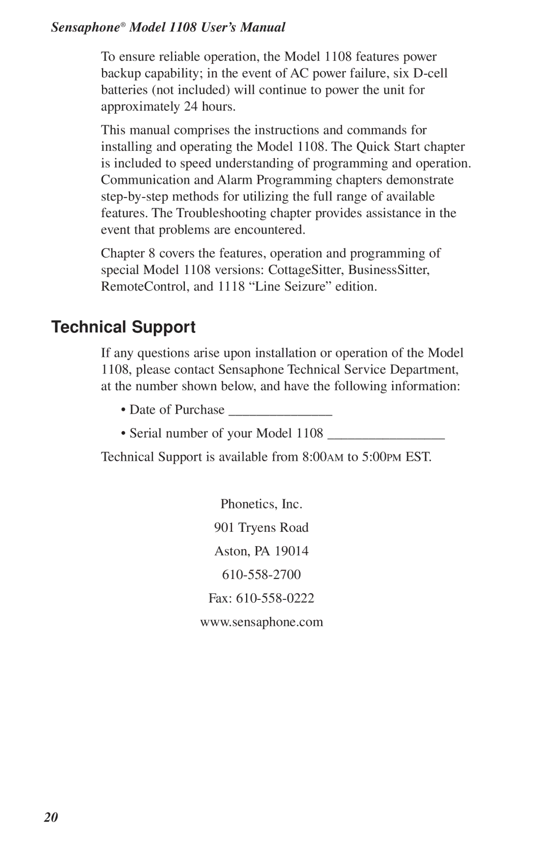 Phonetics 1108 user manual Technical Support 