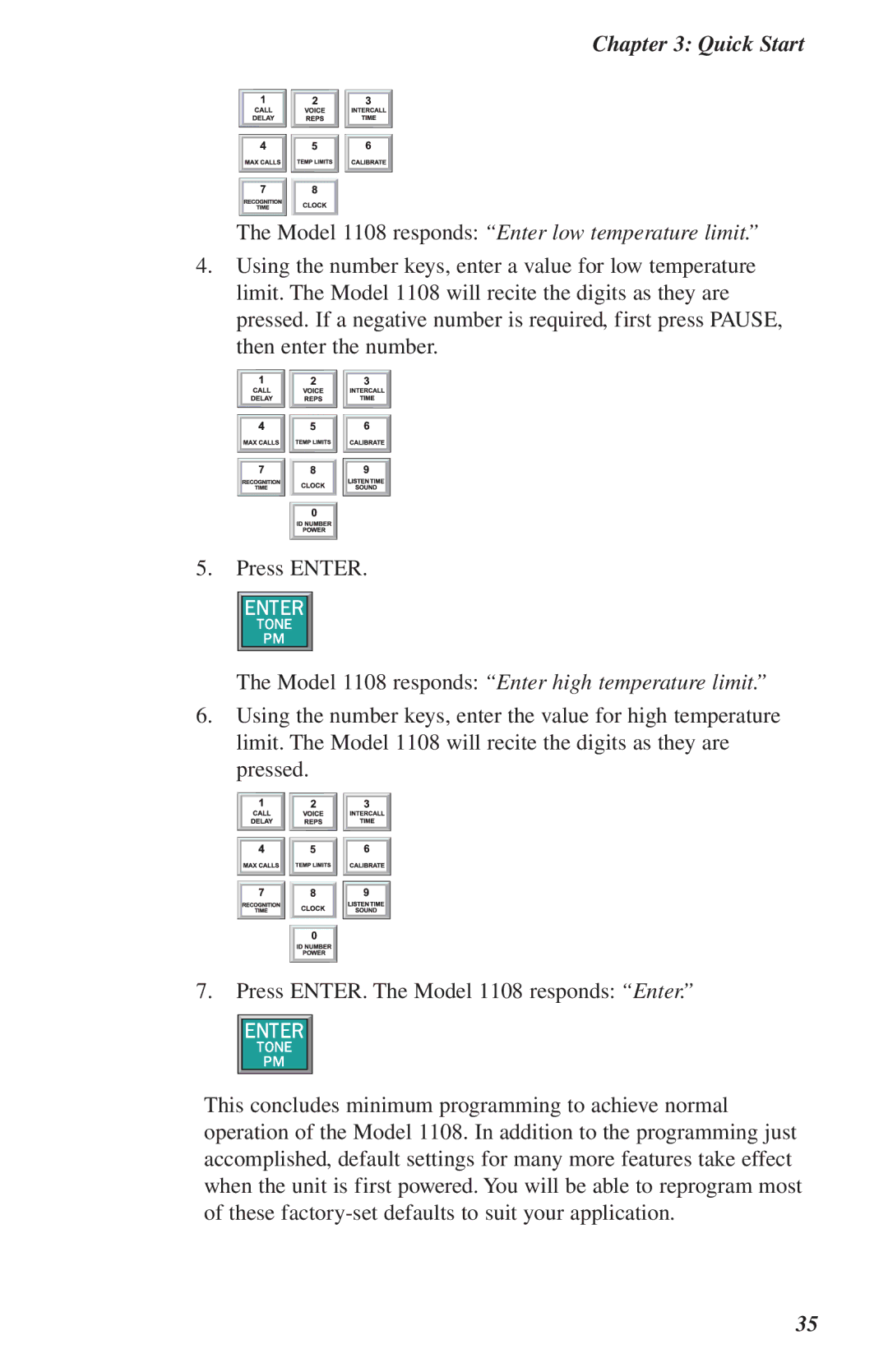 Phonetics user manual Model 1108 responds Enter low temperature limit 