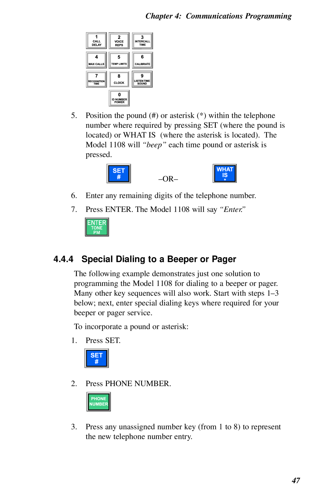 Phonetics 1108 user manual Special Dialing to a Beeper or Pager 