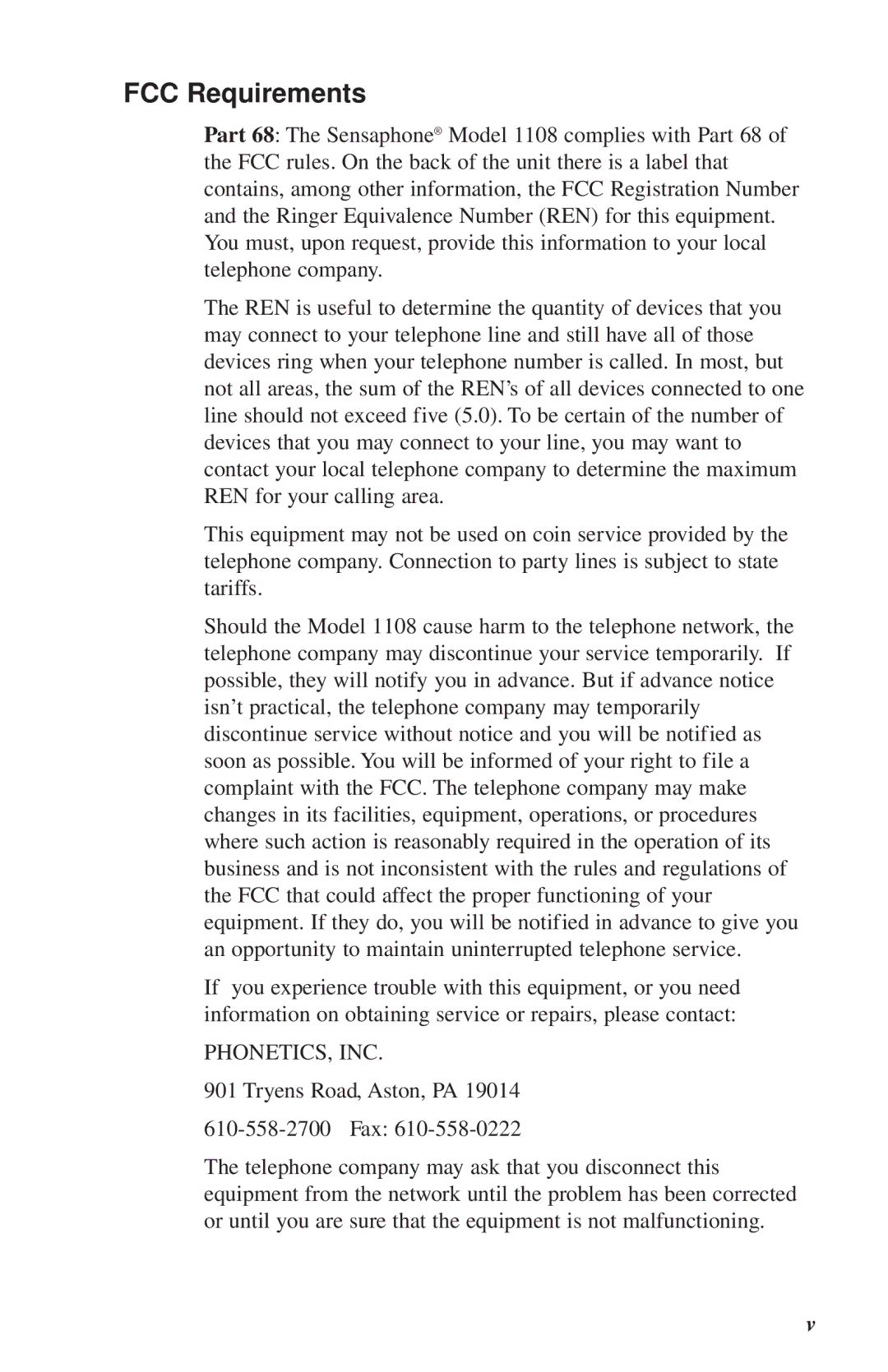 Phonetics 1108 user manual FCC Requirements, Phonetics, Inc 