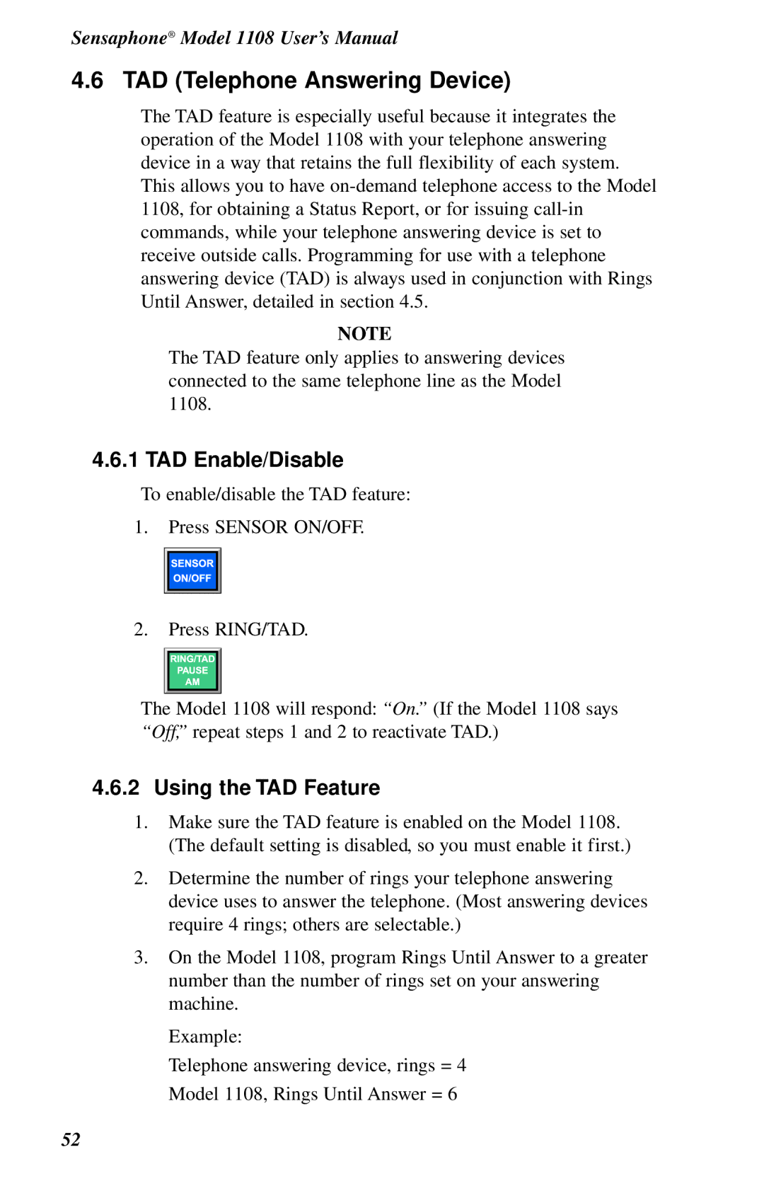 Phonetics 1108 user manual TAD Enable/Disable, Using the TAD Feature 