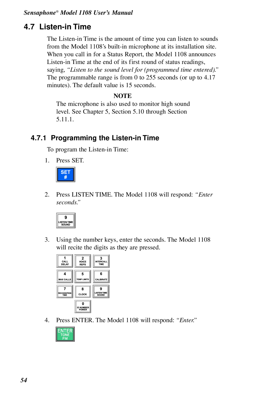 Phonetics 1108 user manual Programming the Listen-in Time 