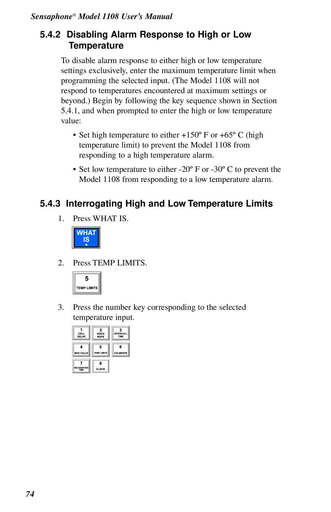 Phonetics 1108 Disabling Alarm Response to High or Low Temperature, Interrogating High and Low Temperature Limits 