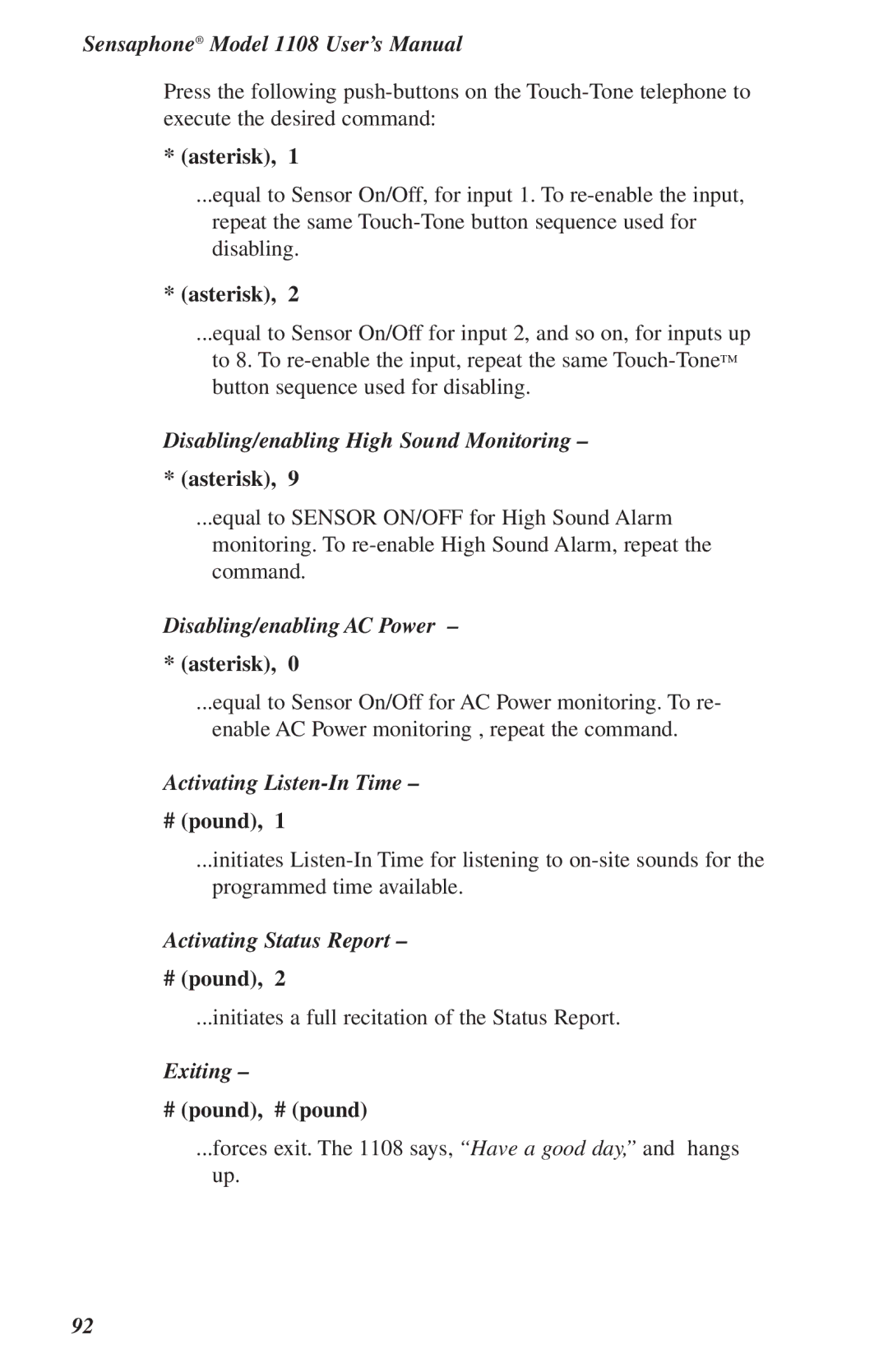 Phonetics 1108 user manual Activating Status Report 