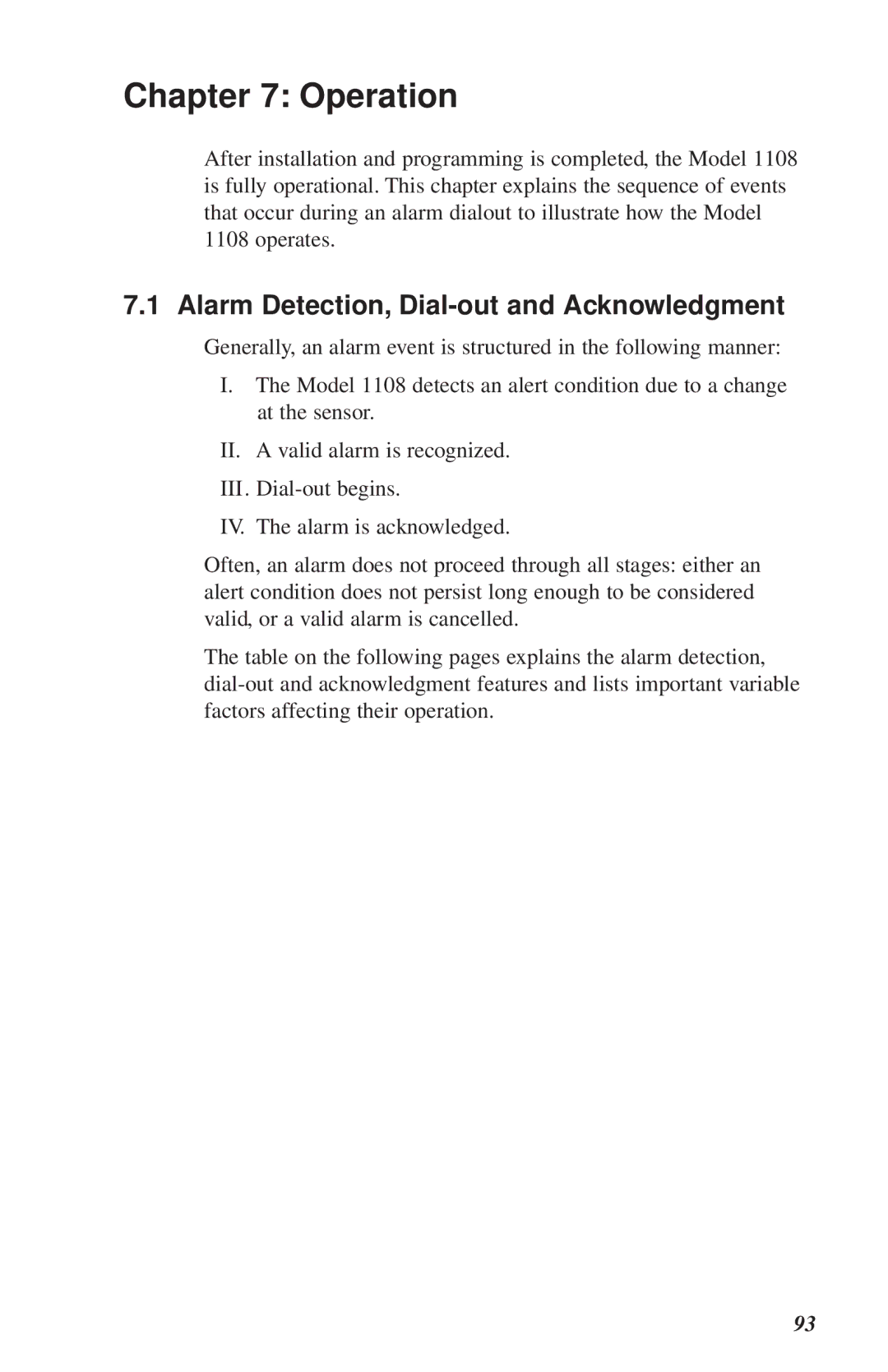 Phonetics 1108 user manual Operation, Alarm Detection, Dial-out and Acknowledgment 