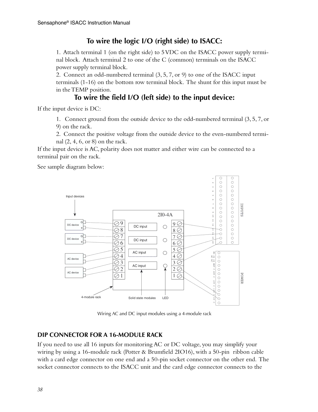 Phonetics 5100, 5000 manual To wire the logic I/O right side to Isacc, DIP Connector for a 16-MODULE Rack 