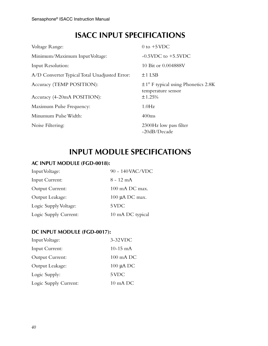 Phonetics 5100, 5000 manual Isacc Input Specifications, DC Input Module FGD-0017 