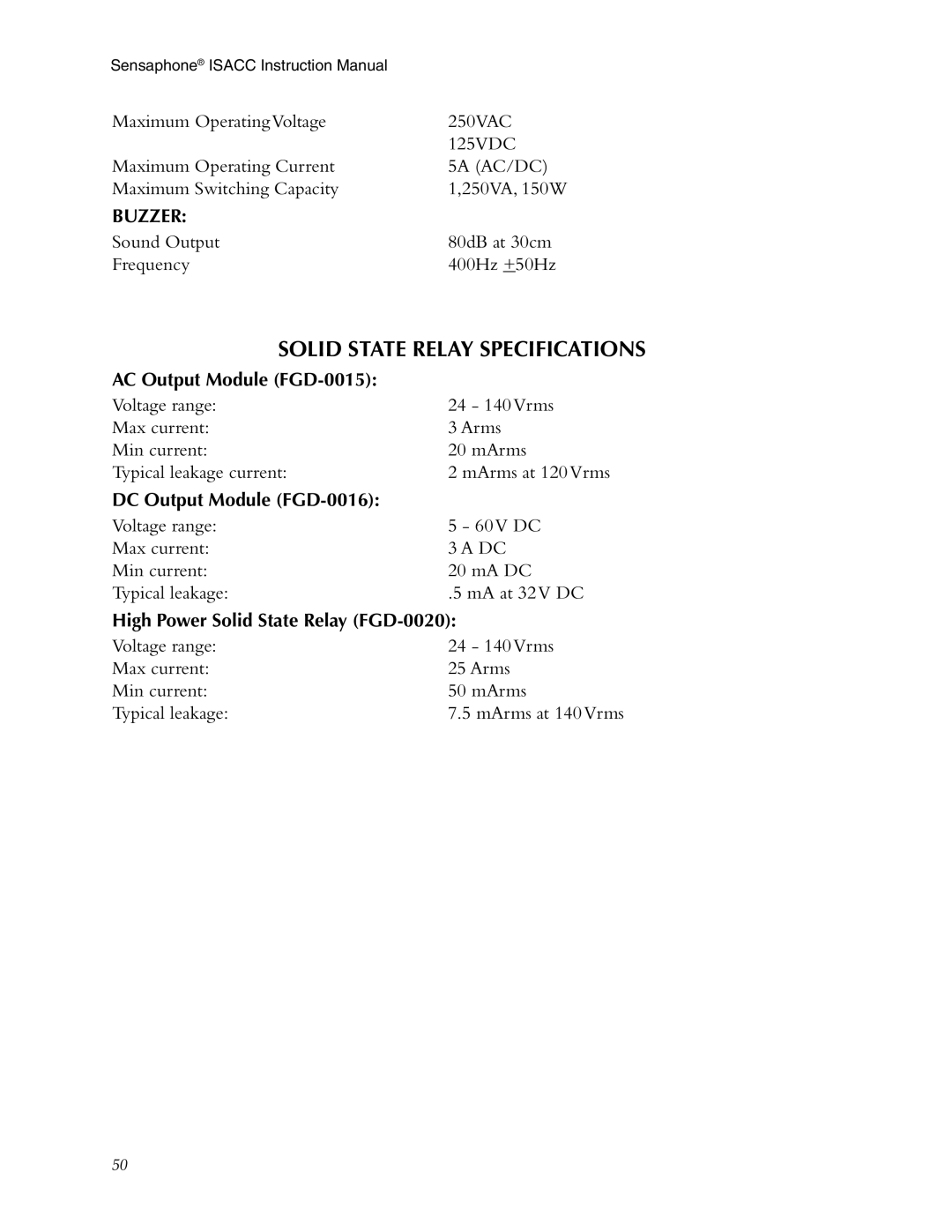 Phonetics 5100, 5000 manual Solid State Relay Specifications 