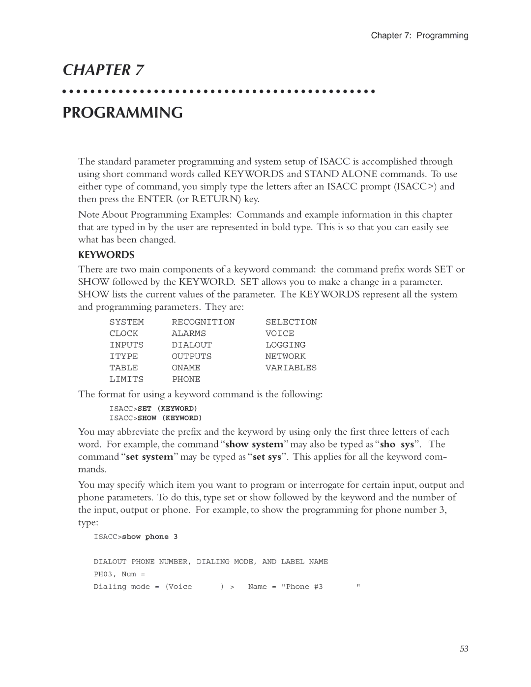 Phonetics 5000, 5100 manual Keywords, ISACCshow phone, Dialout Phone NUMBER, Dialing MODE, and Label Name 