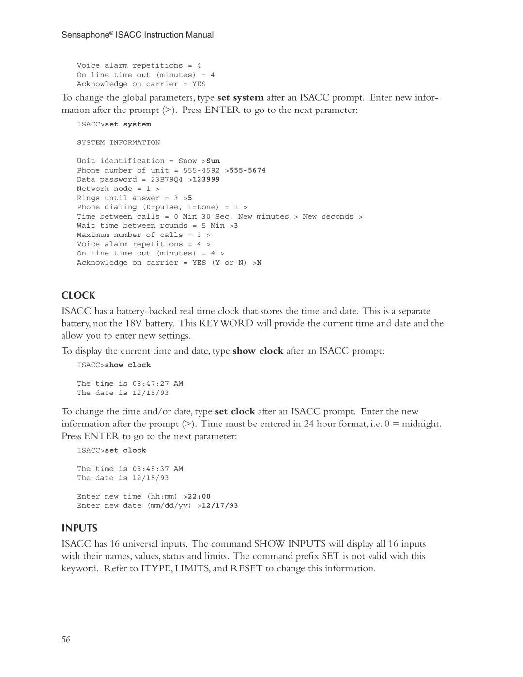 Phonetics 5100, 5000 manual Clock, Inputs, ISACCset system, ISACCshow clock, ISACCset clock 