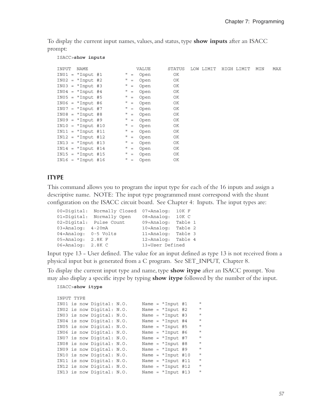 Phonetics 5000 Itype, ISACCshow inputs, Input Name Value Status LOW Limit High Limit MIN MAX, ISACCshow itype, Input Type 