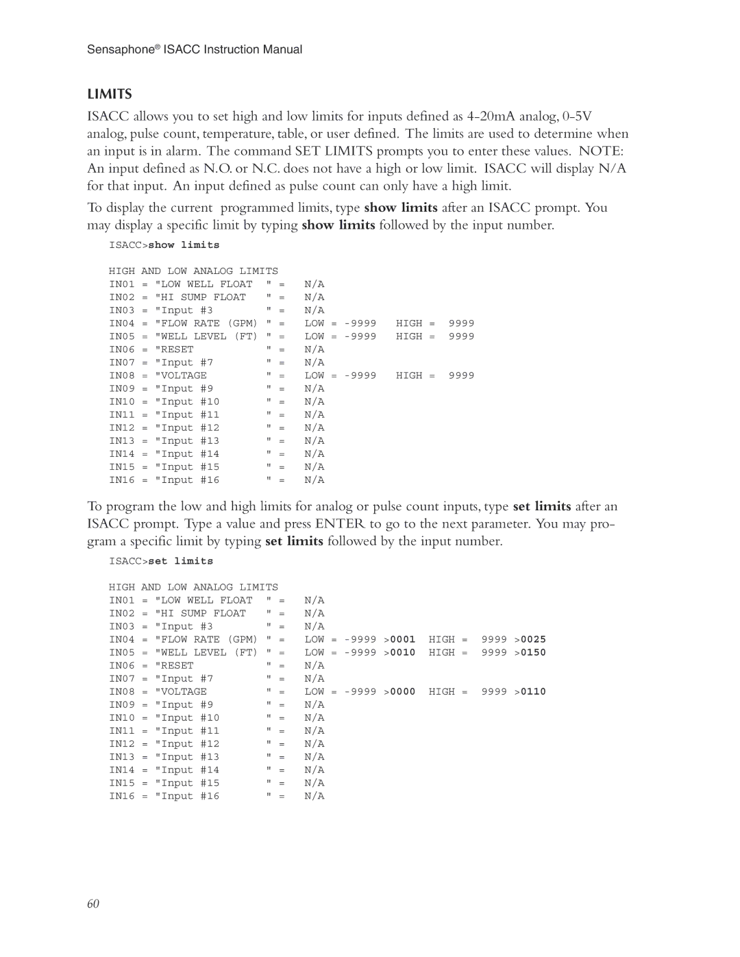 Phonetics 5100, 5000 manual Limits, ISACCshow limits, ISACCset limits 