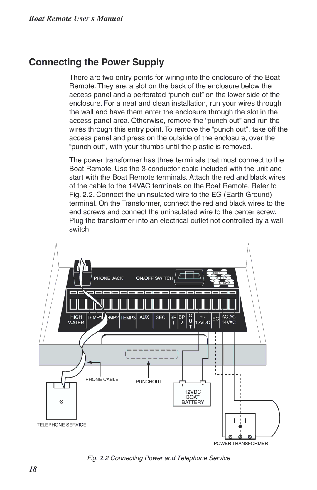 Phonetics Boat Remote user manual Connecting Power and Telephone Service 