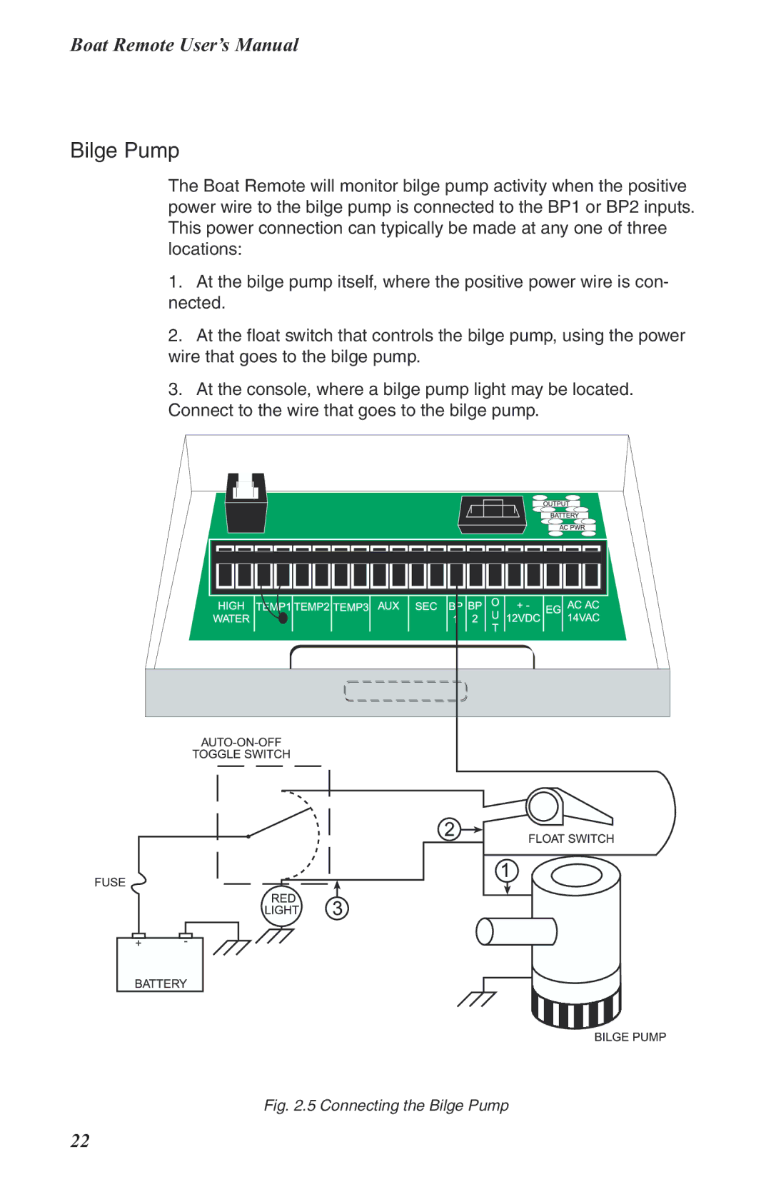 Phonetics Boat Remote user manual Connecting the Bilge Pump 