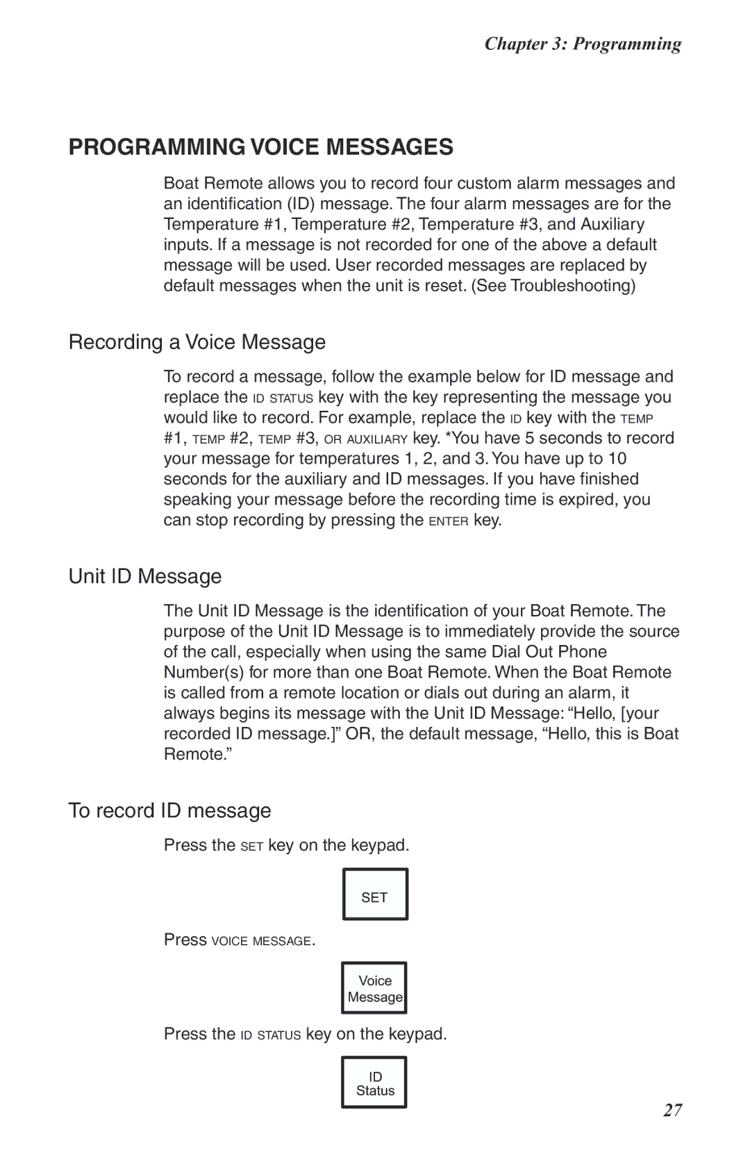 Phonetics Boat Remote user manual Recording a Voice Message, Unit ID Message 