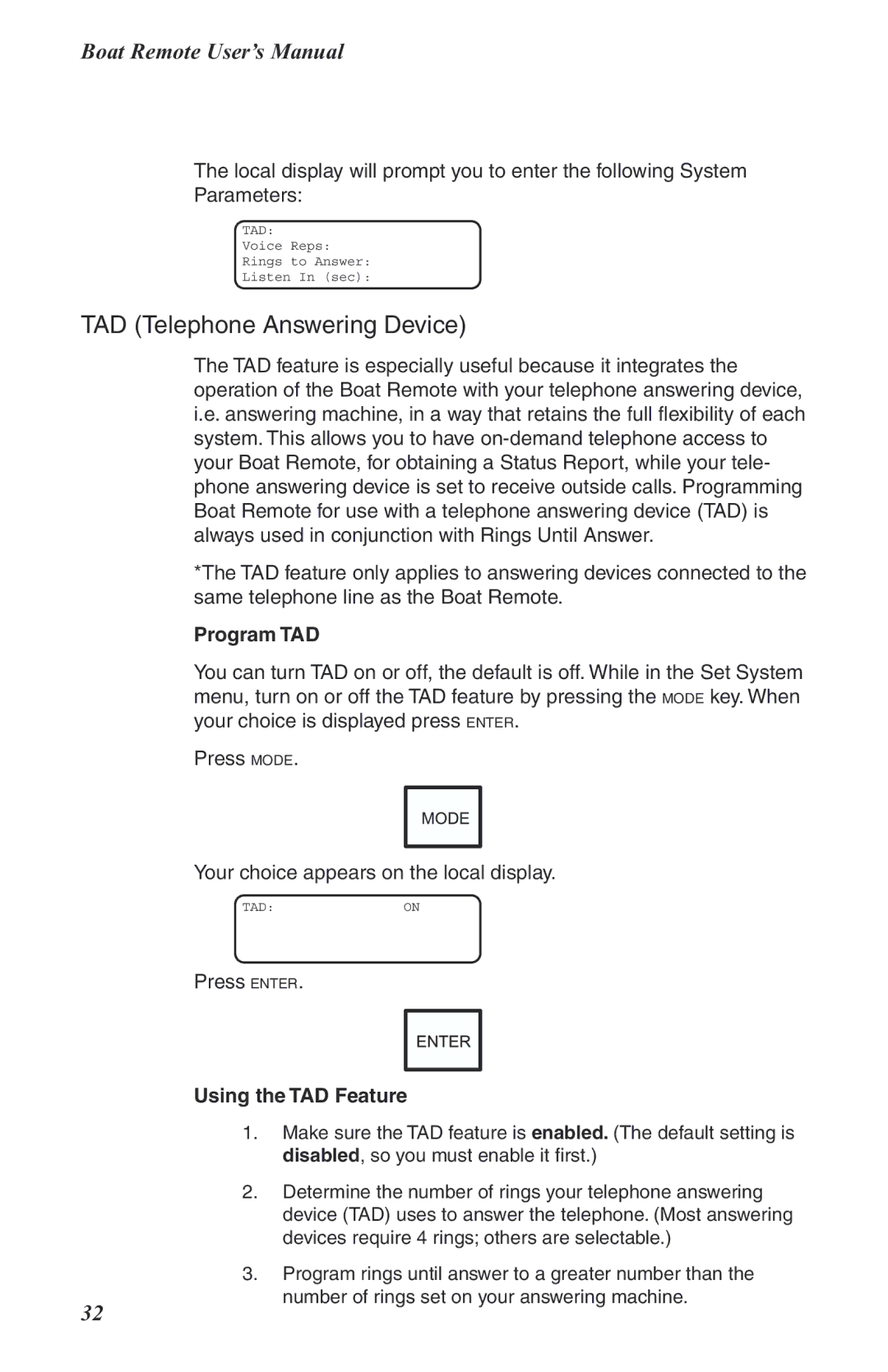 Phonetics Boat Remote user manual Program TAD, Using the TAD Feature 