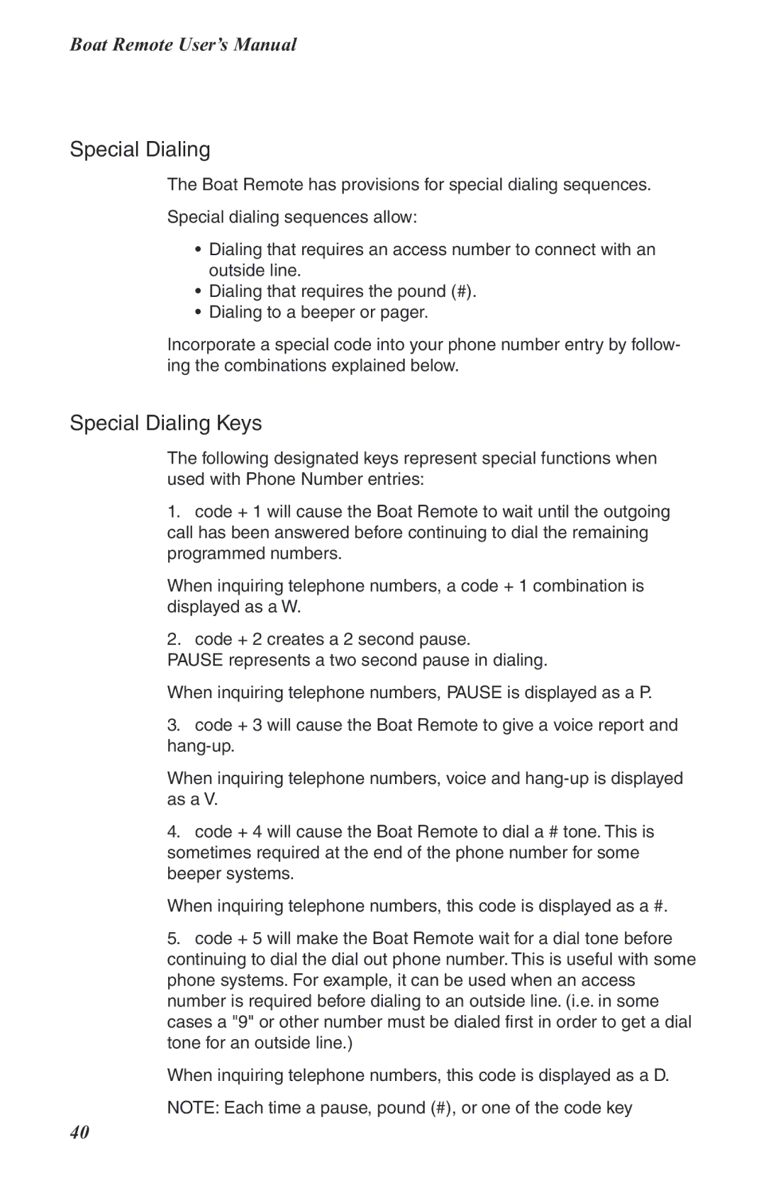 Phonetics Boat Remote user manual Special Dialing 