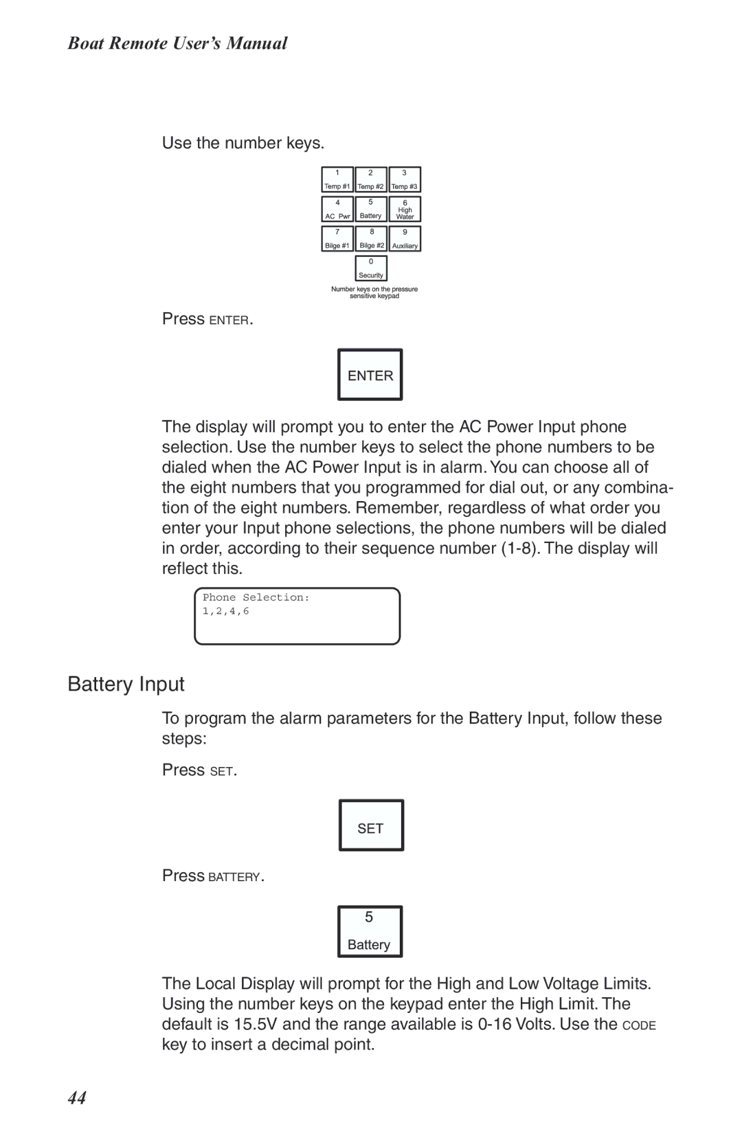 Phonetics Boat Remote user manual Phone Selection 1,2,4,6 