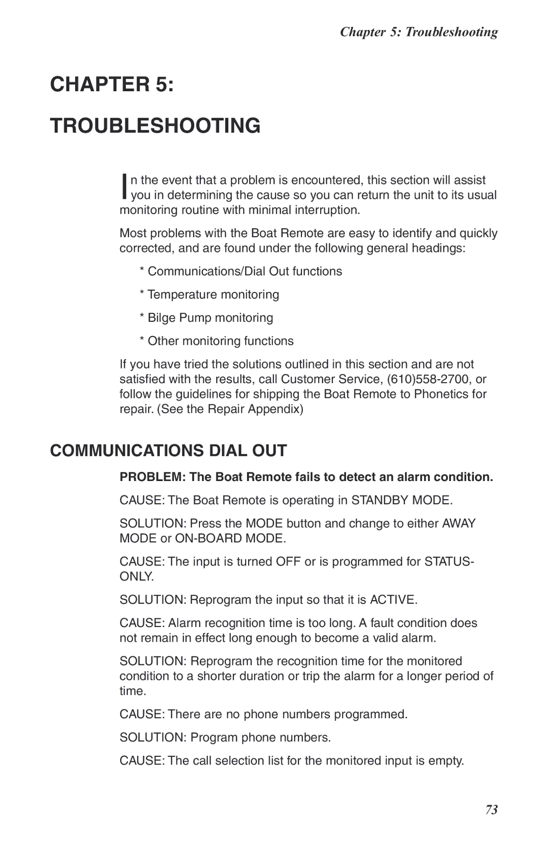 Phonetics user manual Chapter Troubleshooting, Problem The Boat Remote fails to detect an alarm condition 