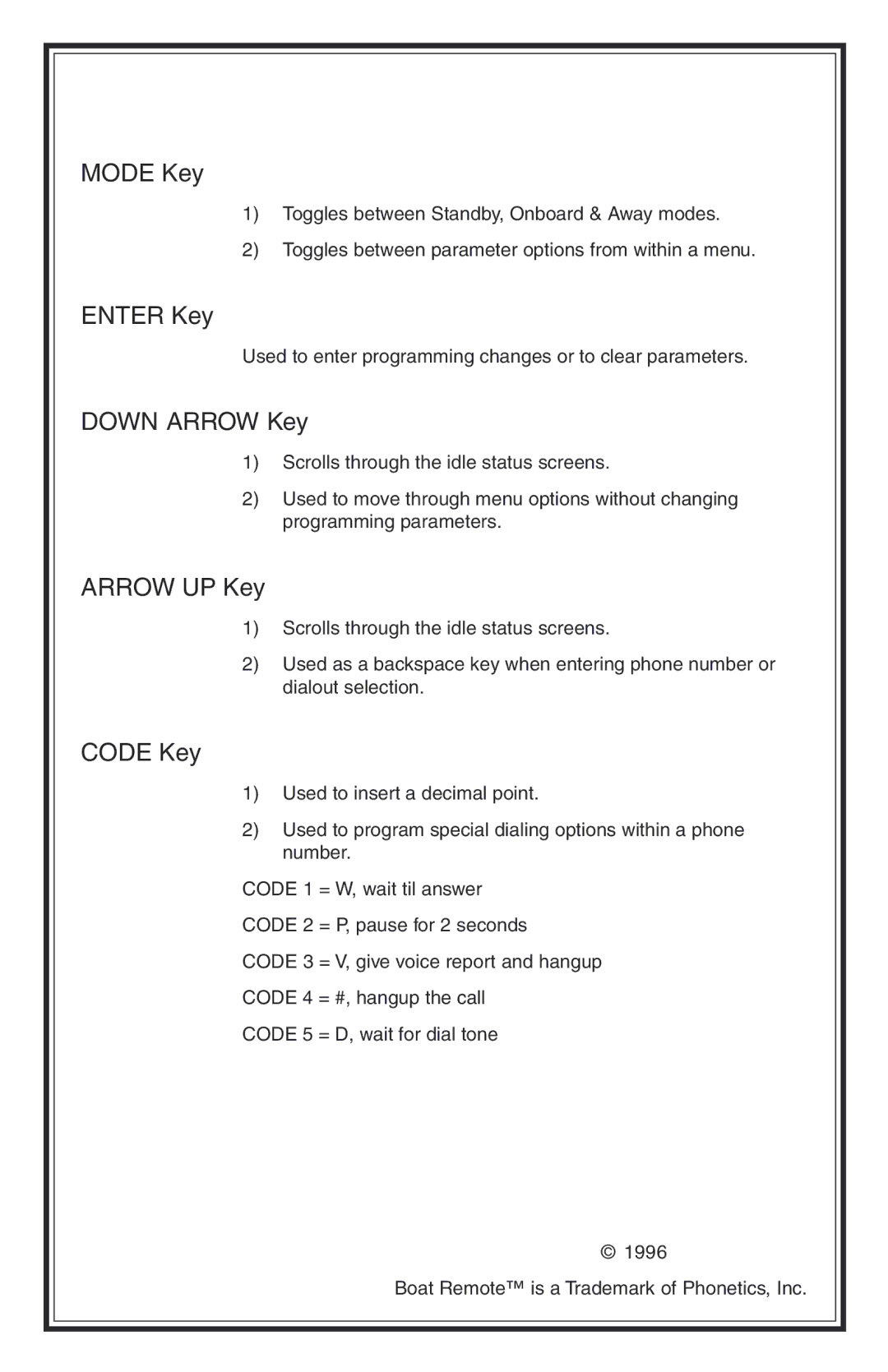 Phonetics Boat Remote user manual Mode Key, Enter Key 