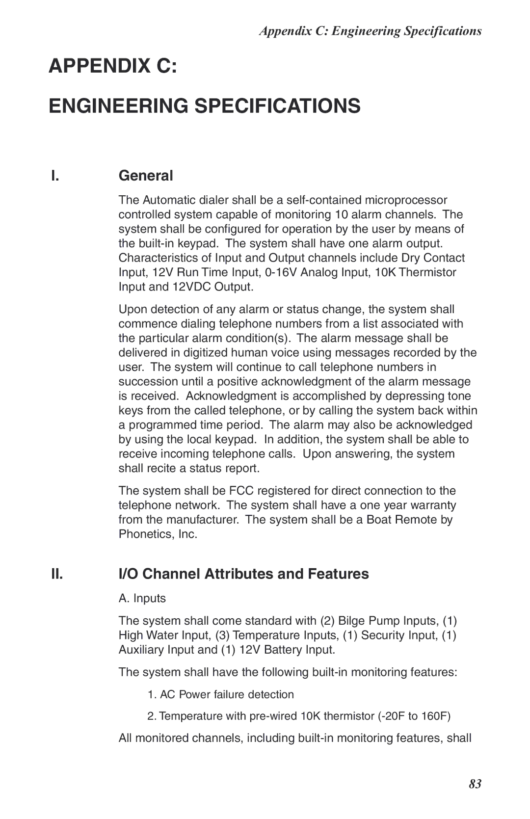 Phonetics Boat Remote user manual Appendix C Engineering Specifications 