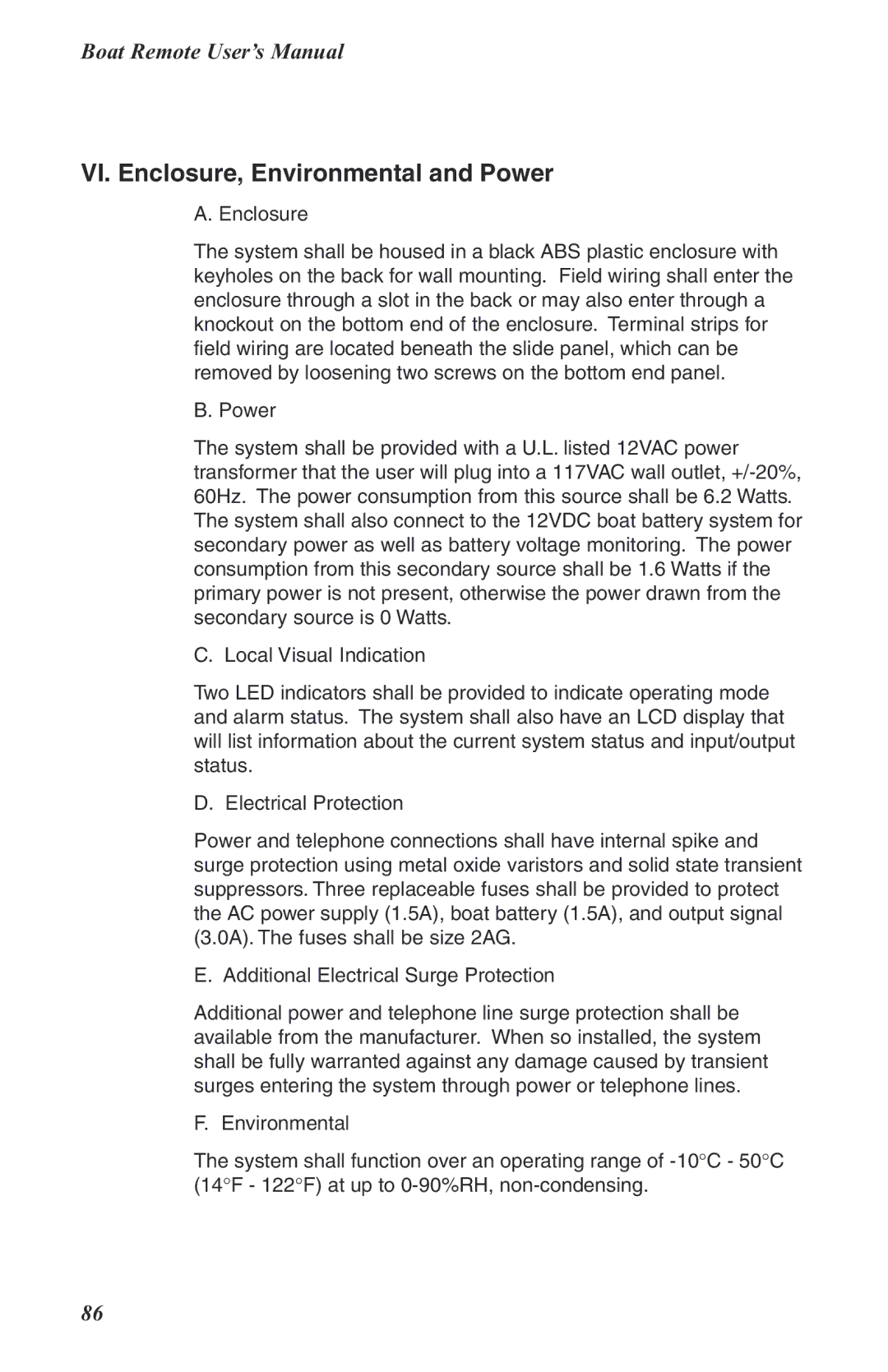 Phonetics Boat Remote user manual VI. Enclosure, Environmental and Power 