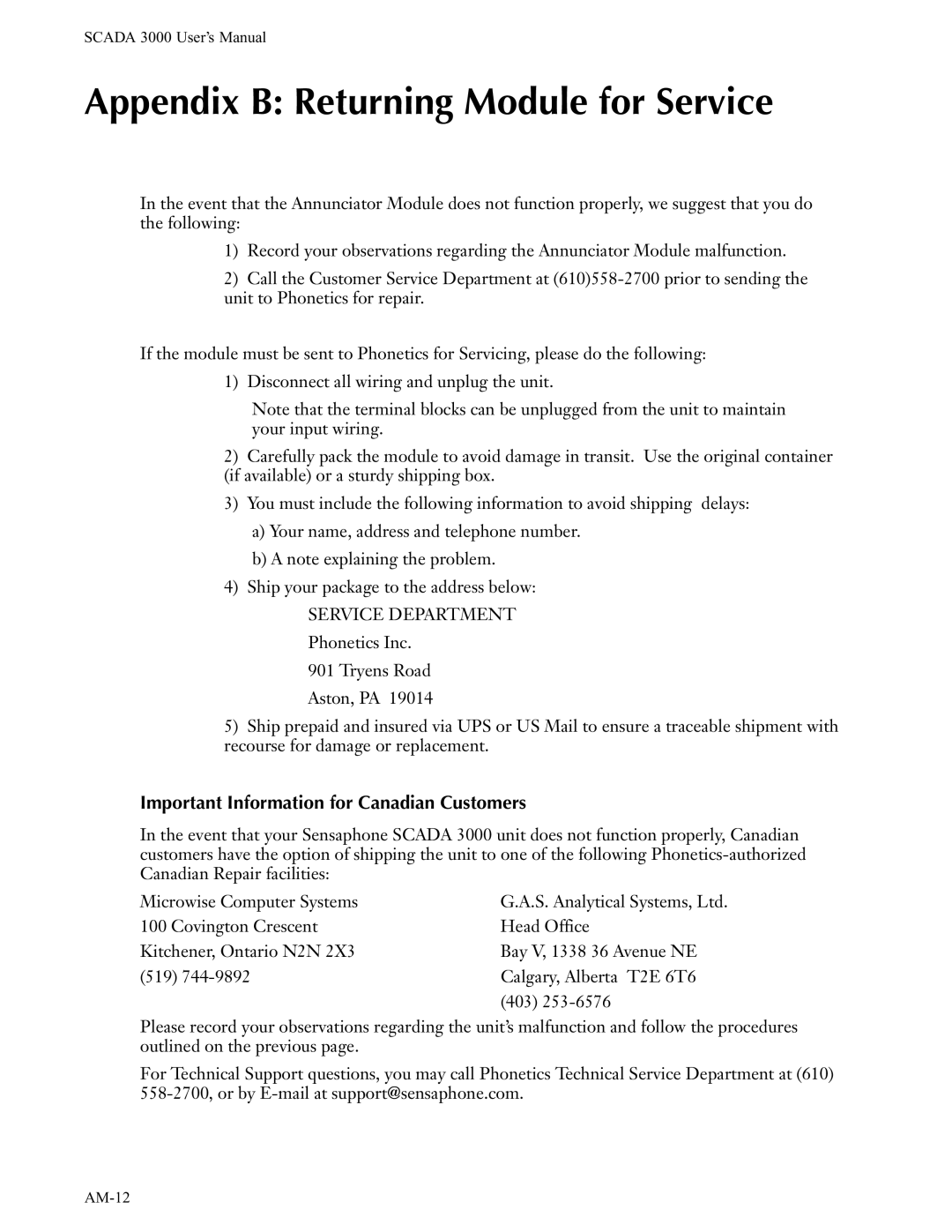 Phonetics SCADA 3000 manual Appendix B Returning Module for Service, Important Information for Canadian Customers 