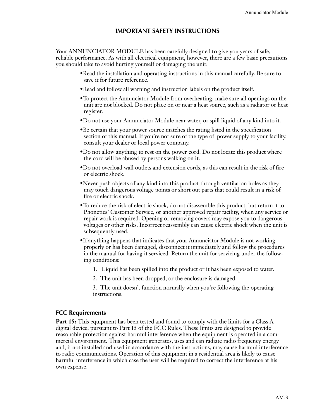 Phonetics SCADA 3000 manual Important Safety Instructions, FCC Requirements 